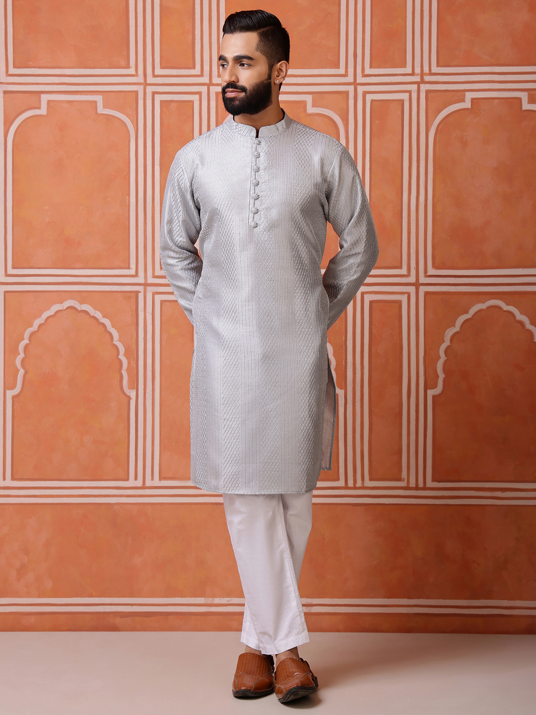 Grey Woven Sequence Embroidery Cotton Blend Kurta Pyjama — alternate view