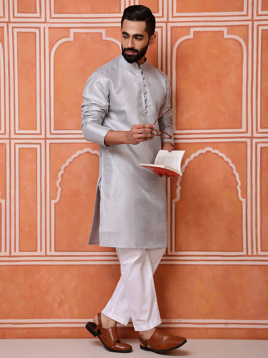 Grey Woven Sequence Embroidery Cotton Blend Kurta Pyjama