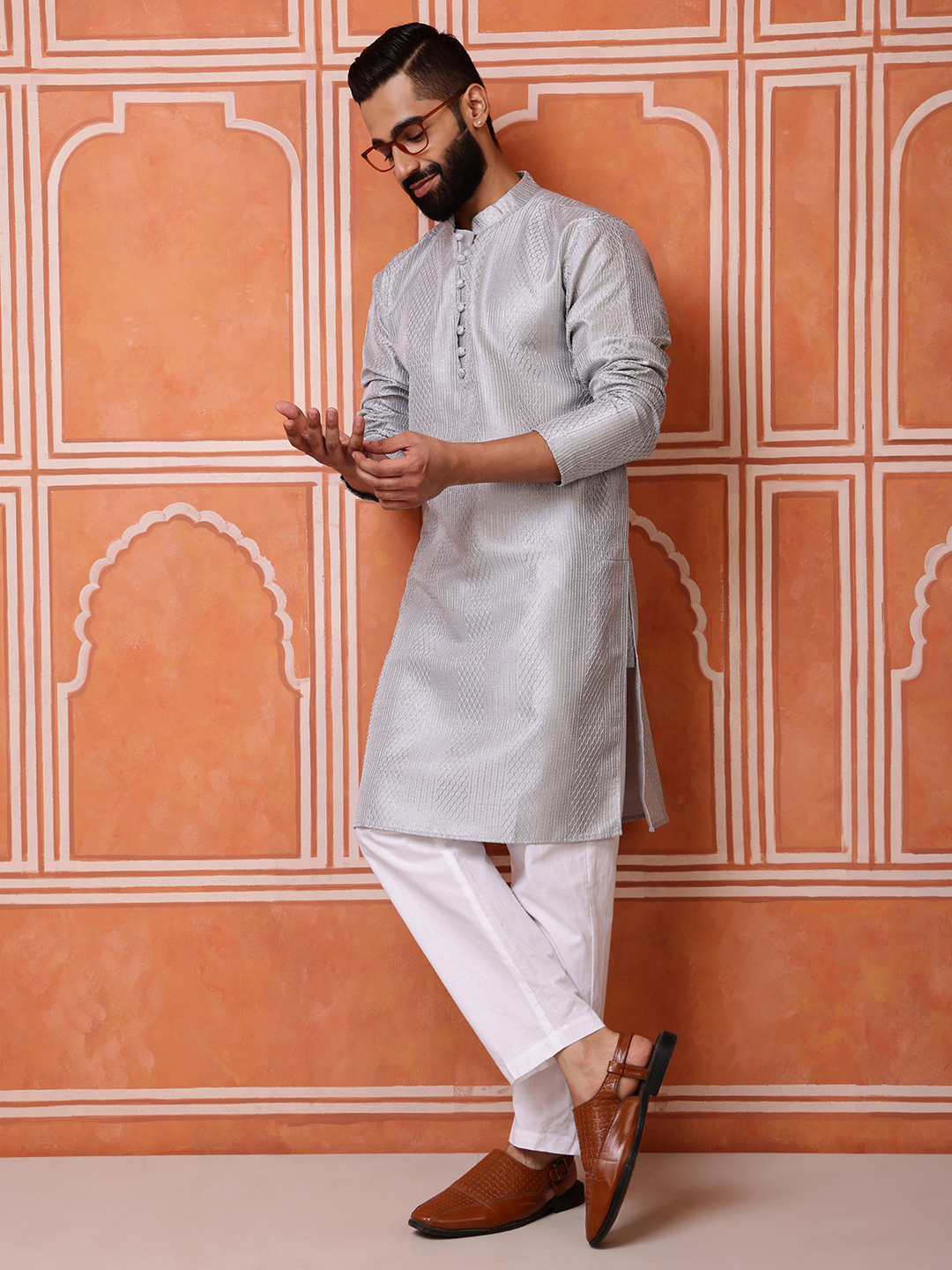 Grey Woven Sequence Embroidery Cotton Blend Kurta Pyjama