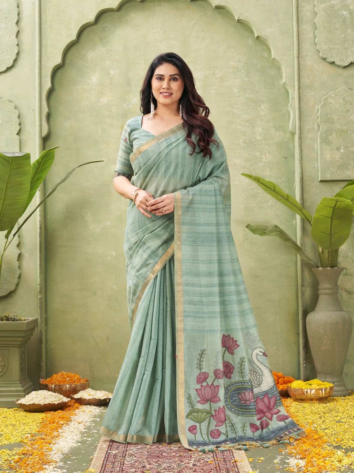 Grey Woven Swan Lotus Designer Ghicha Cotton Saree