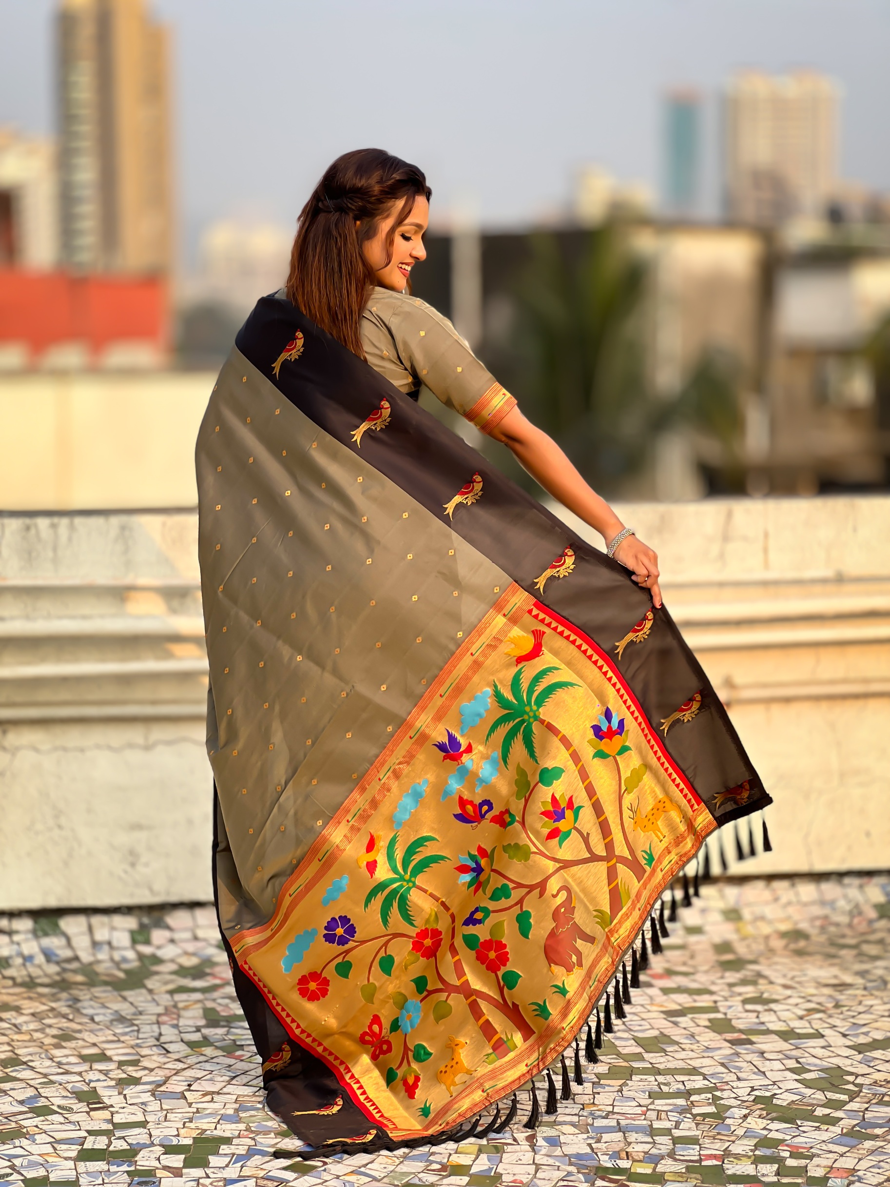Grey Woven Zari Soft Silk Saree — alternate view