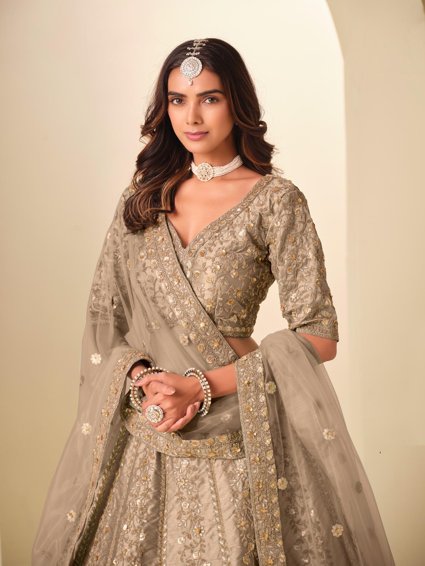 Grey Zari Resham Embroidered Lehenga Choli