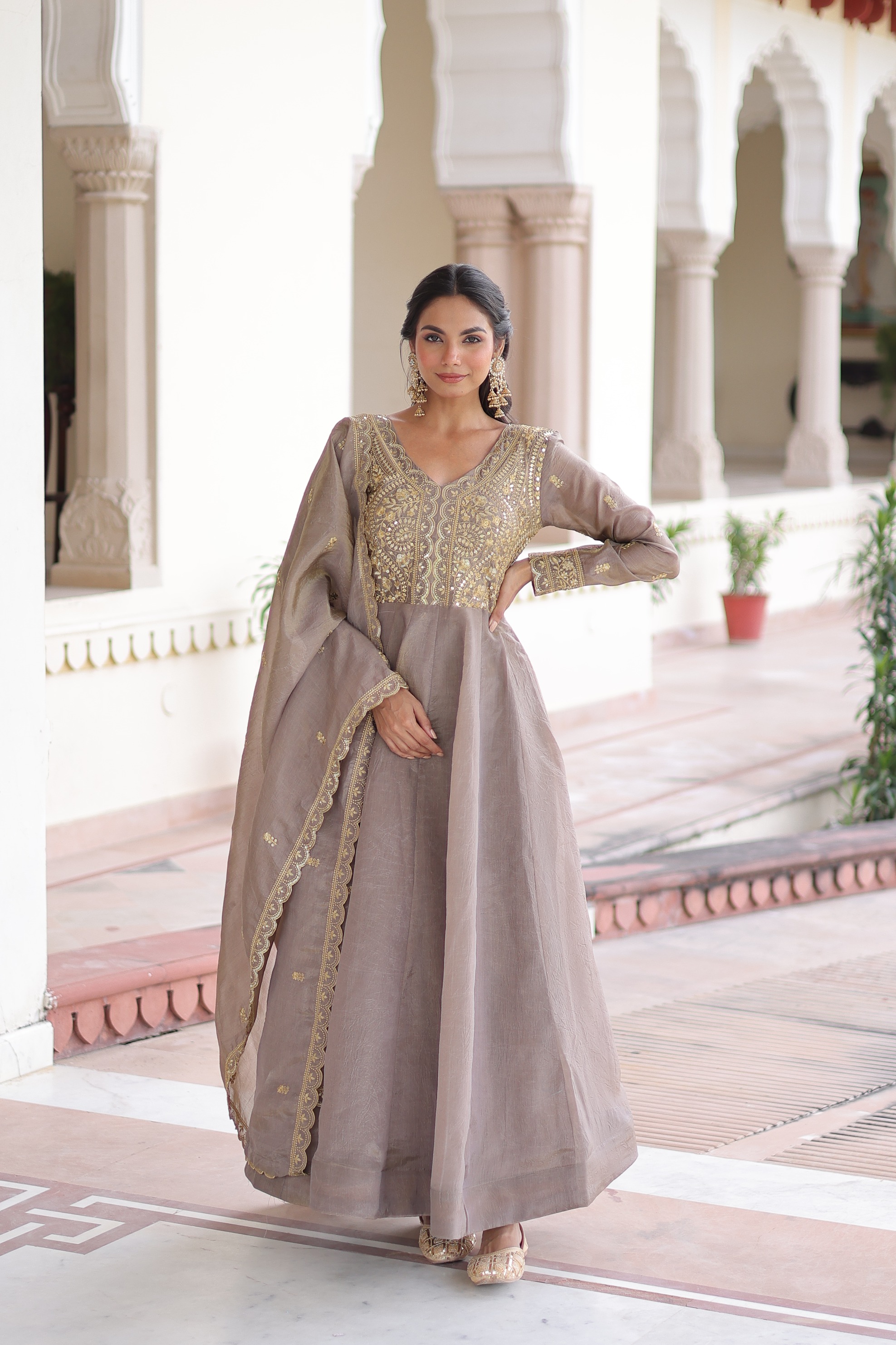 Grey Zari Sequins Embroidered Gold Crush Festive Gown Set