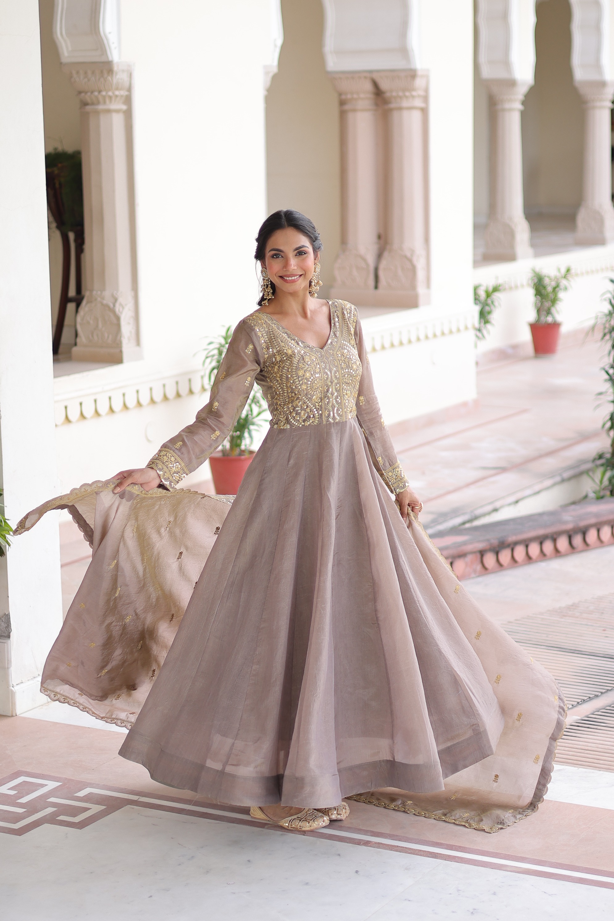 Grey Zari Sequins Embroidered Gold Crush Festive Gown Set — alternate view