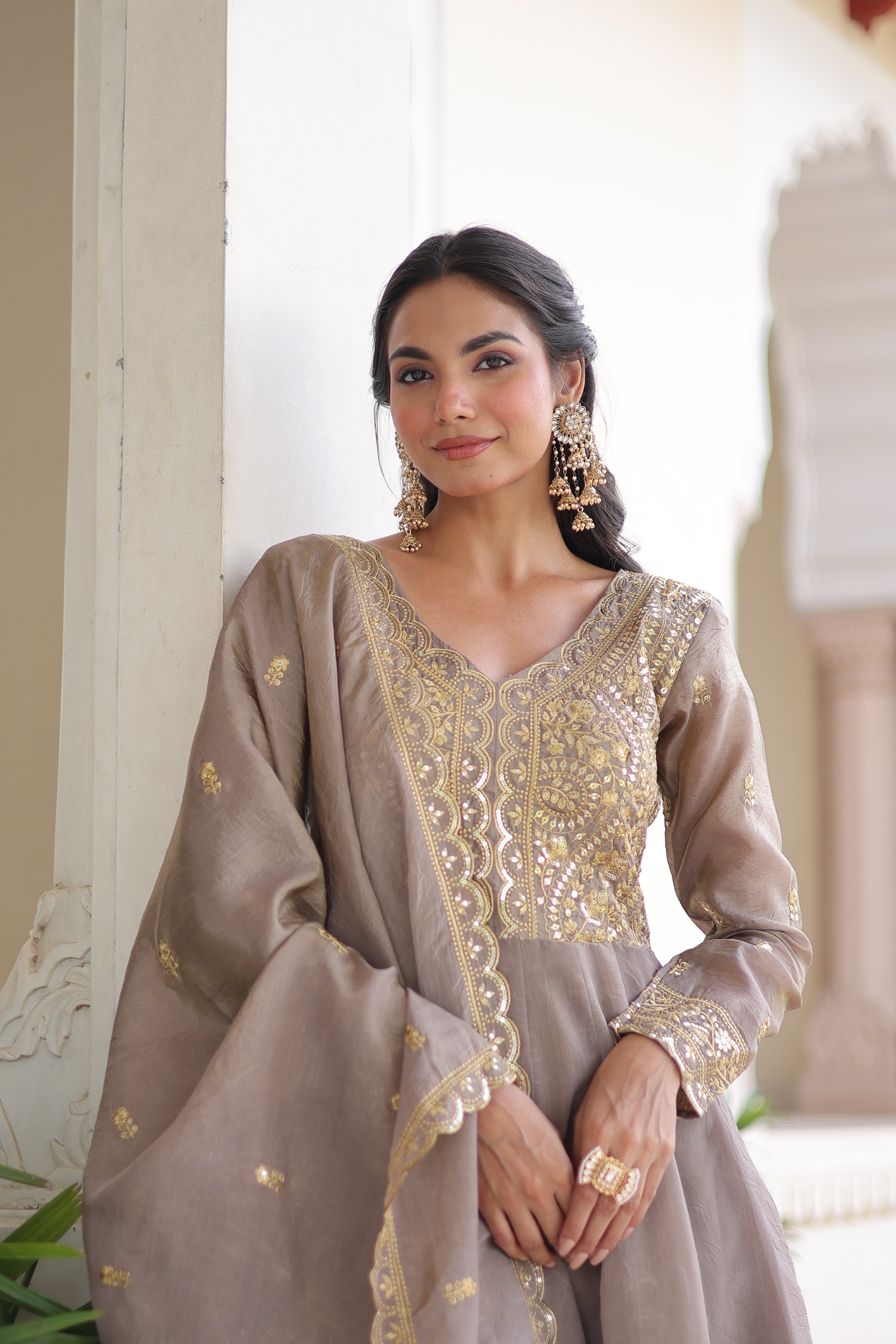 Grey Zari Sequins Embroidered Gold Crush Festive Gown Set