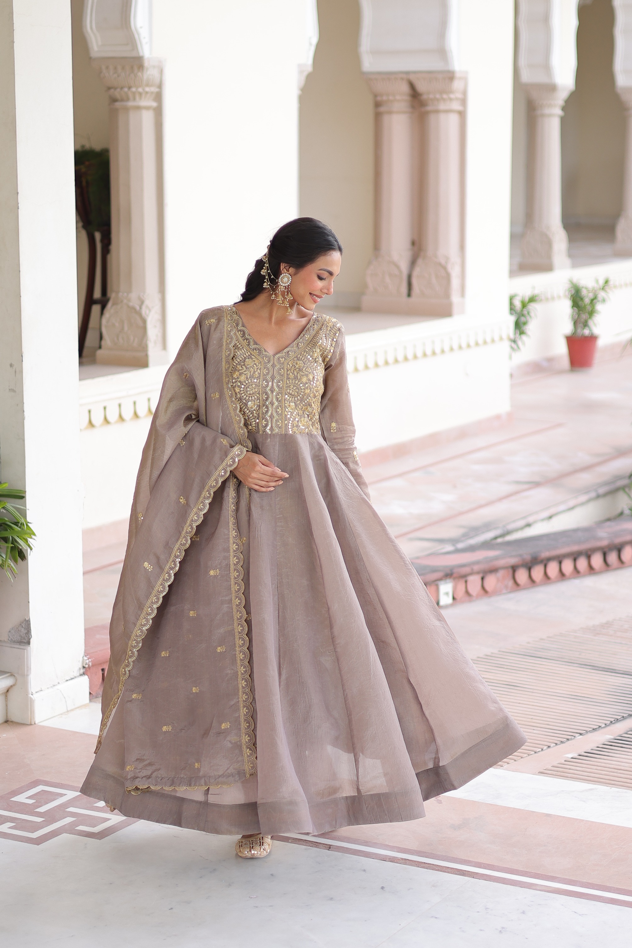 Grey Zari Sequins Embroidered Gold Crush Festive Gown Set