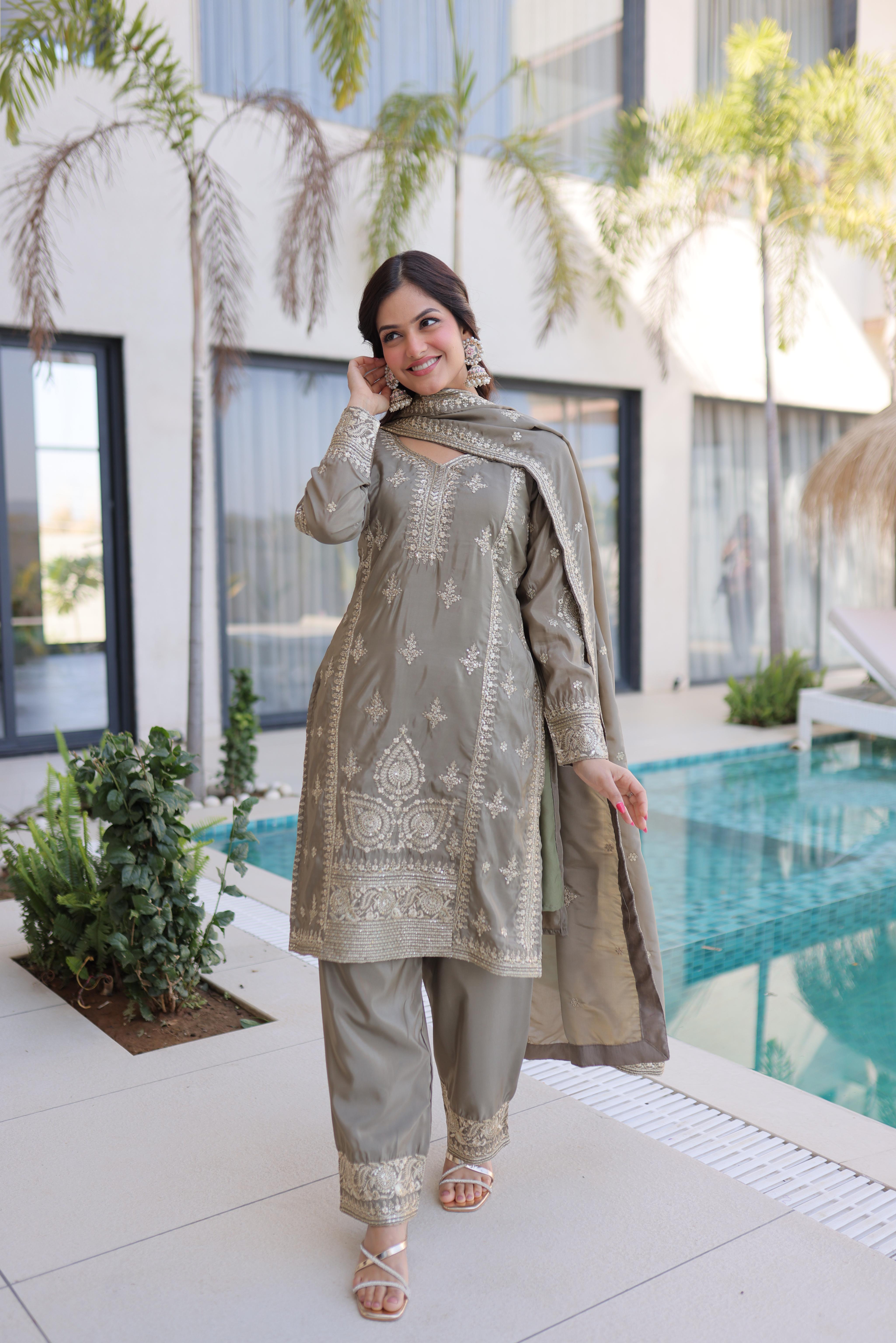 Grey Zari Thread Embroidered Kora Silk Salwar Suit