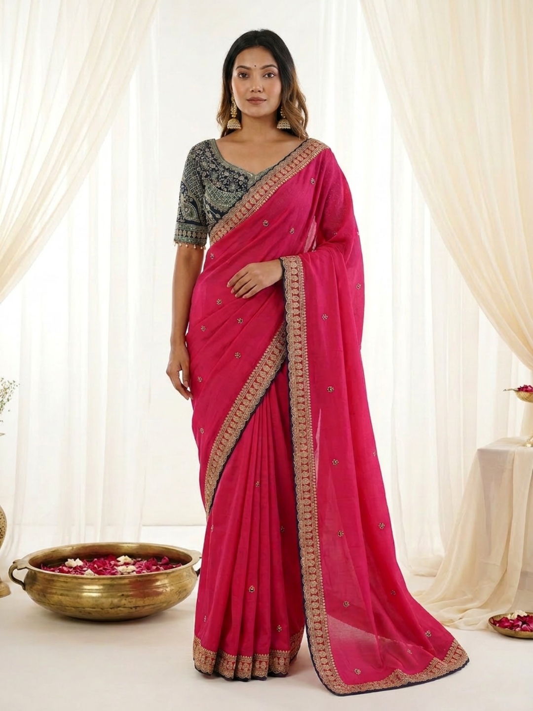 Hot Pink Designer Embroidery Rangoli Silk Saree