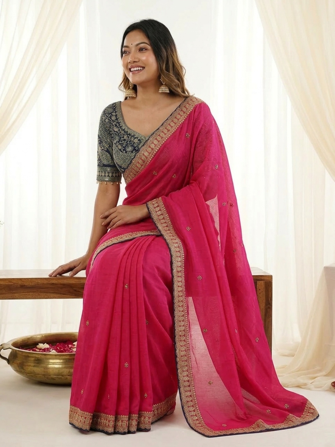 Hot Pink Designer Embroidery Rangoli Silk Saree