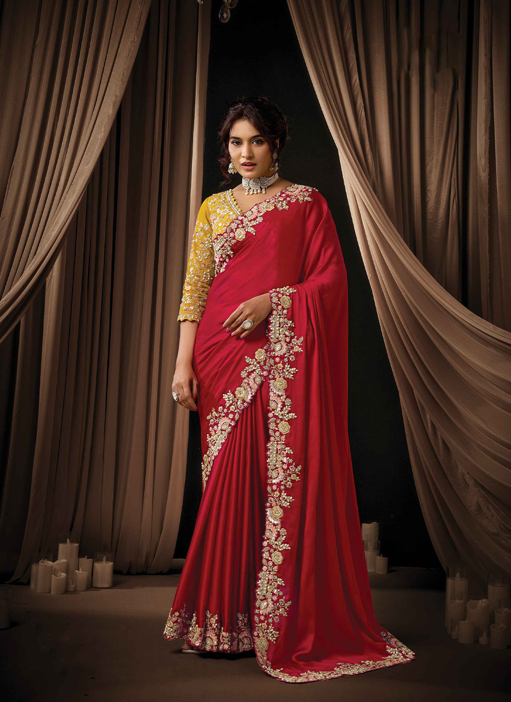 Hot Red Pearl Glow Lustrous Satin Silk Saree