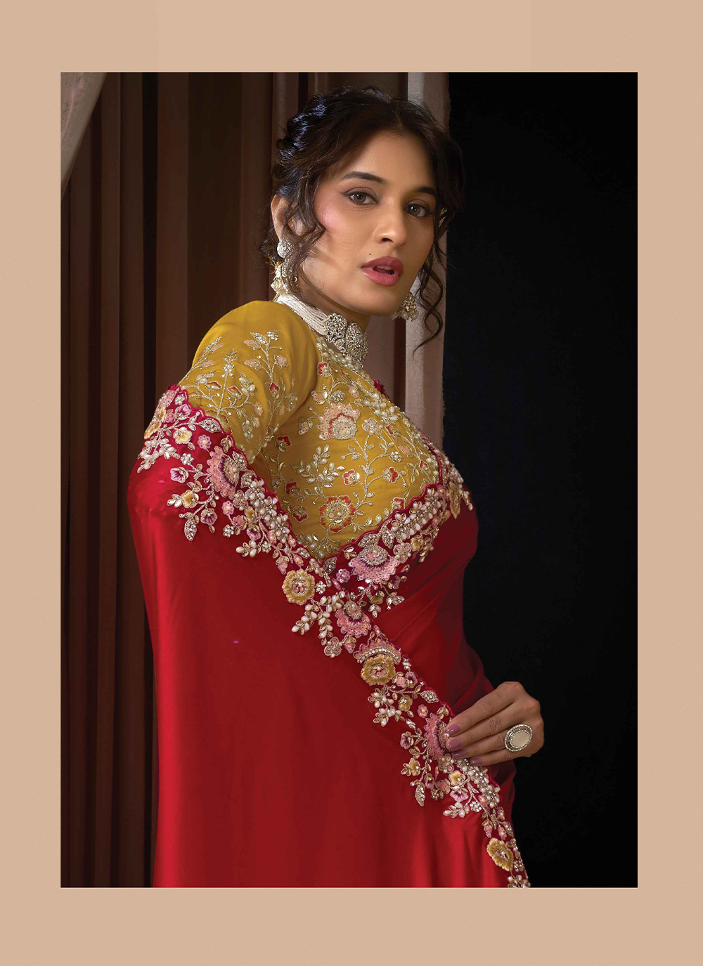 Hot Red Pearl Glow Lustrous Satin Silk Saree — alternate view