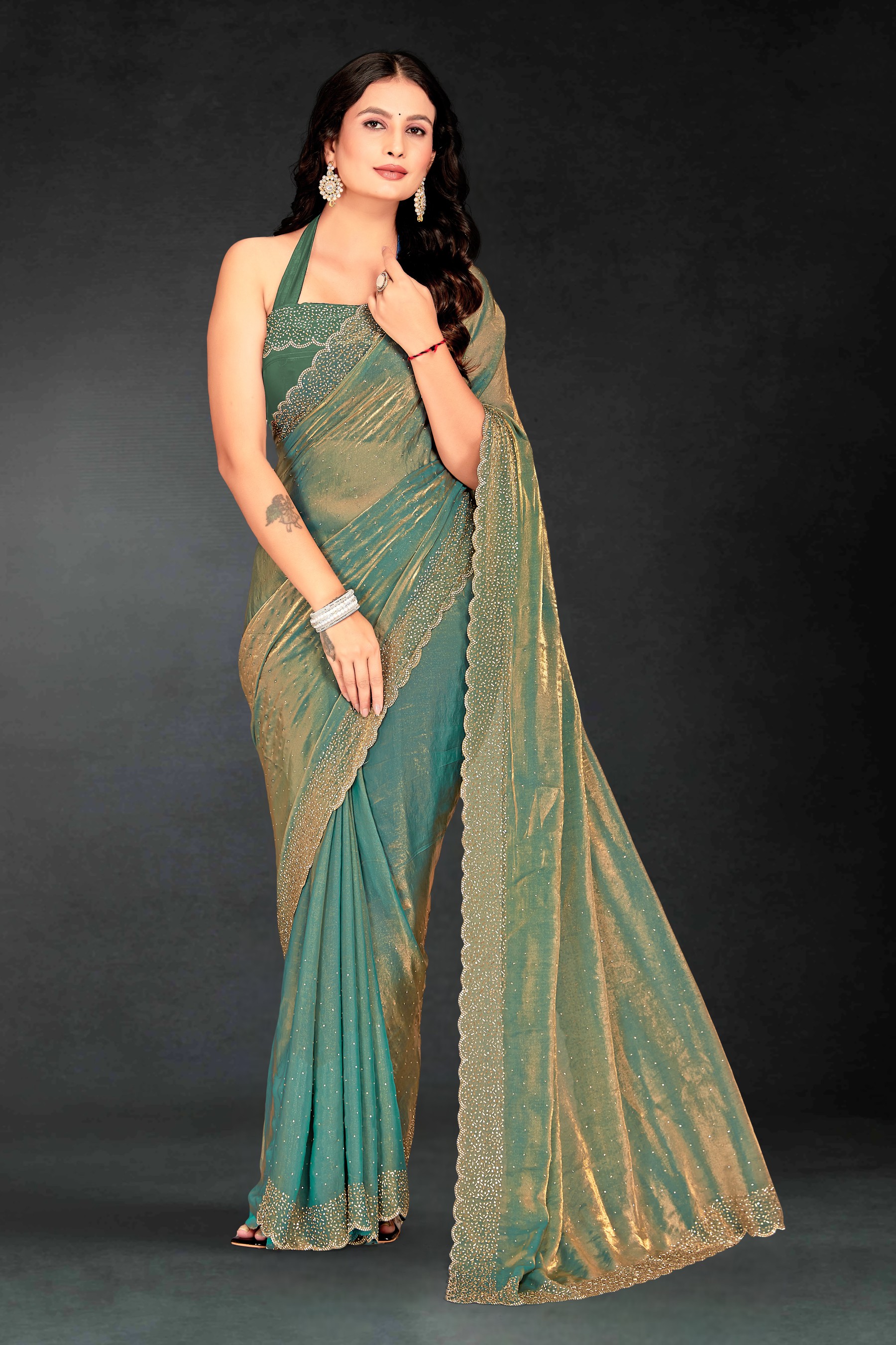 Ice Blue Fendy Silk Two Tone Embellished Festive Saree