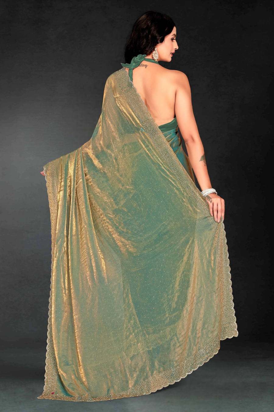 Ice Blue Fendy Silk Two Tone Embellished Festive Saree — alternate view