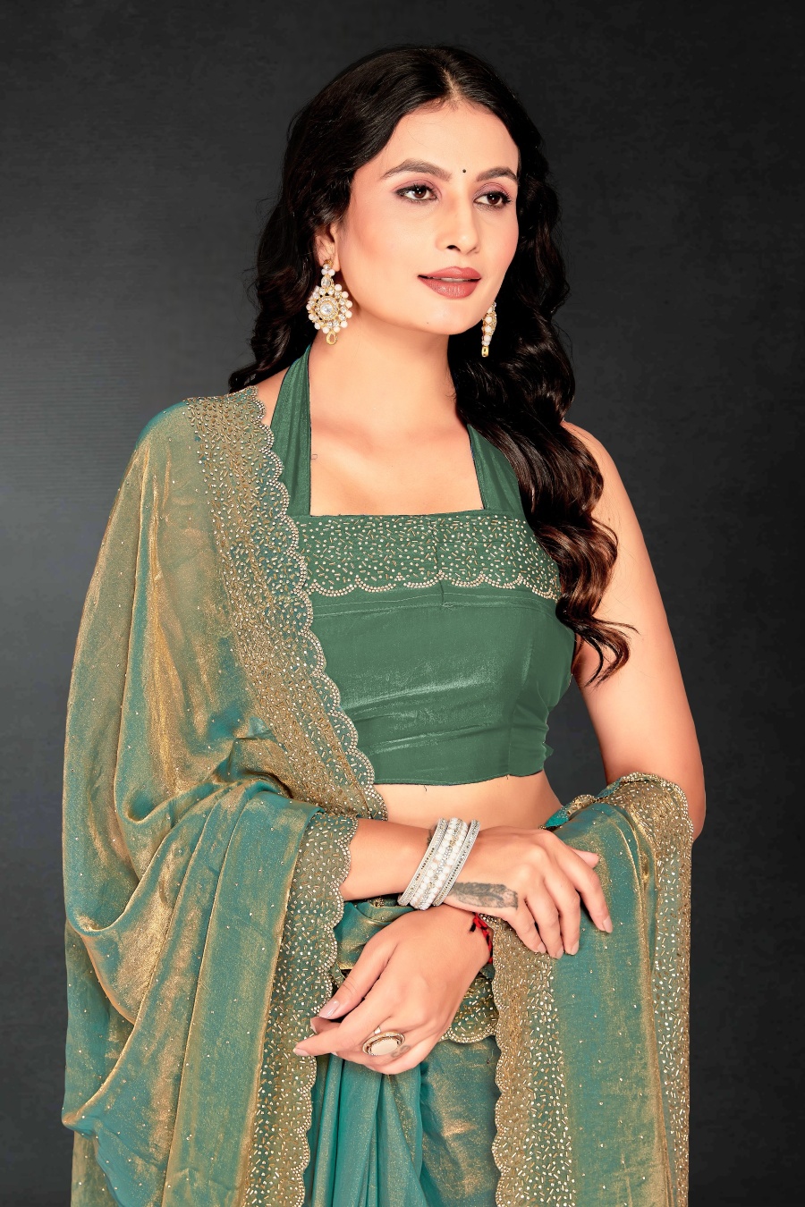Ice Blue Fendy Silk Two Tone Embellished Festive Saree