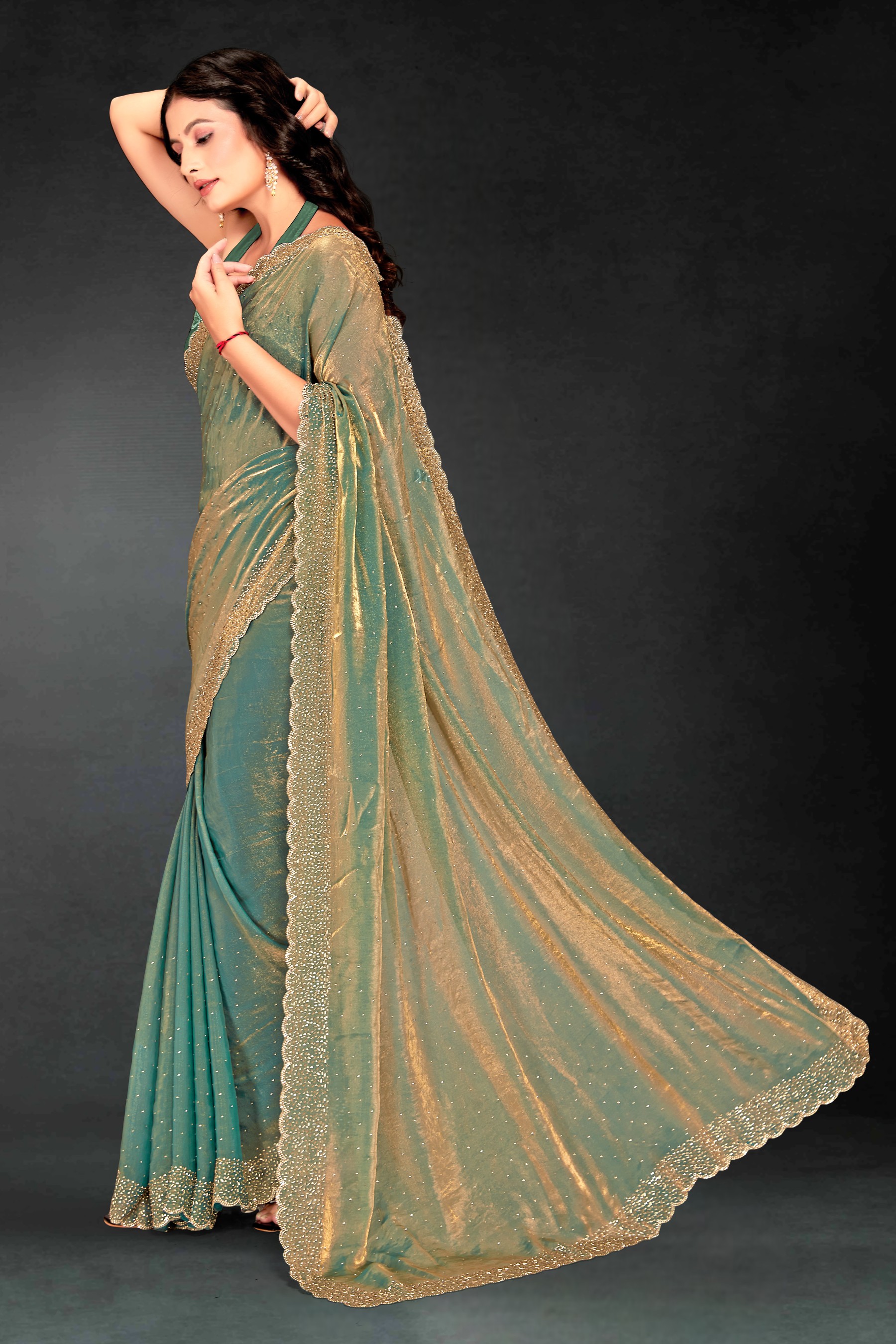 Ice Blue Fendy Silk Two Tone Embellished Festive Saree