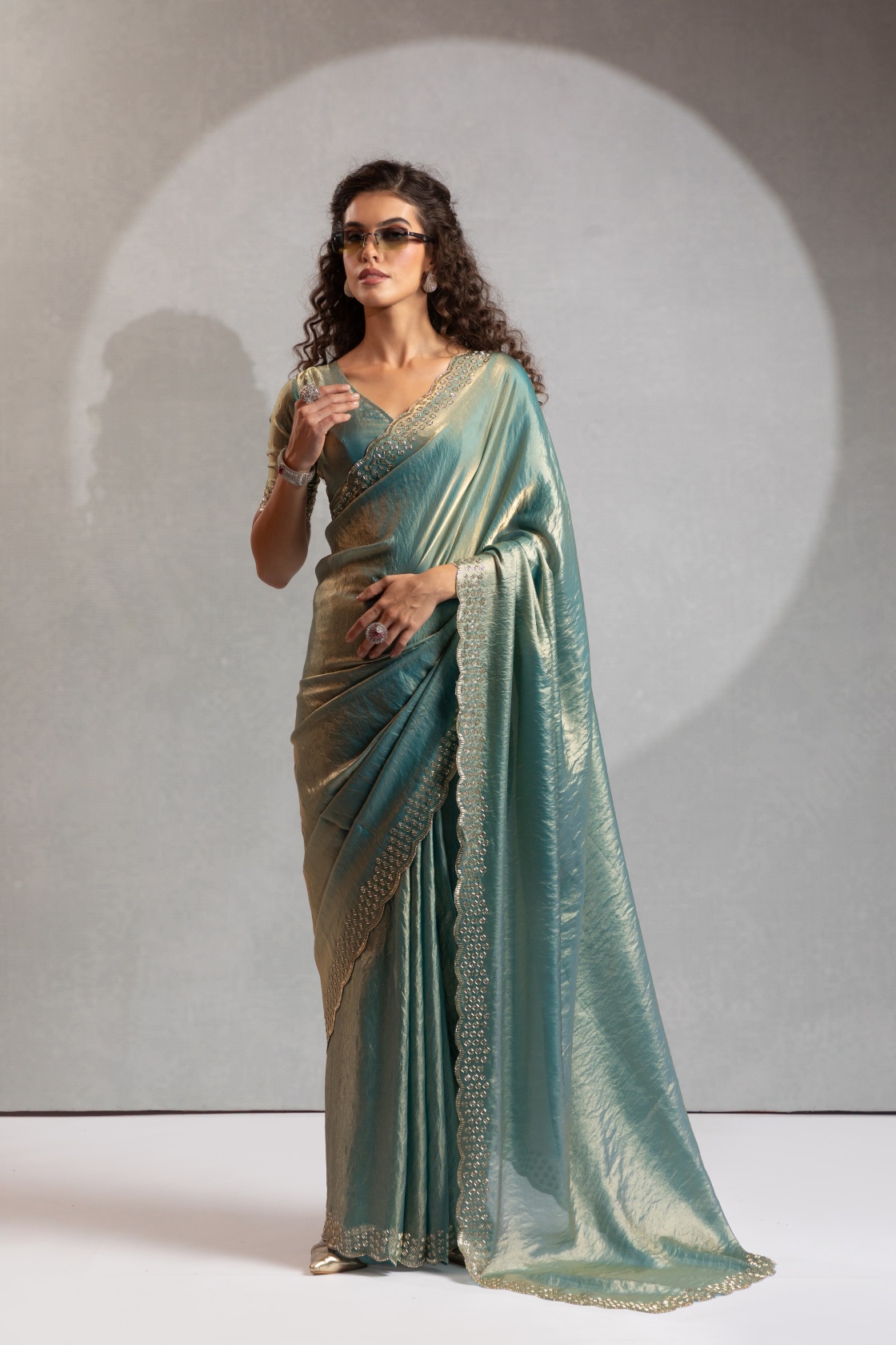 Ice Blue Fendy Silk Two Tone Zircon Cutdana Party Wear Saree