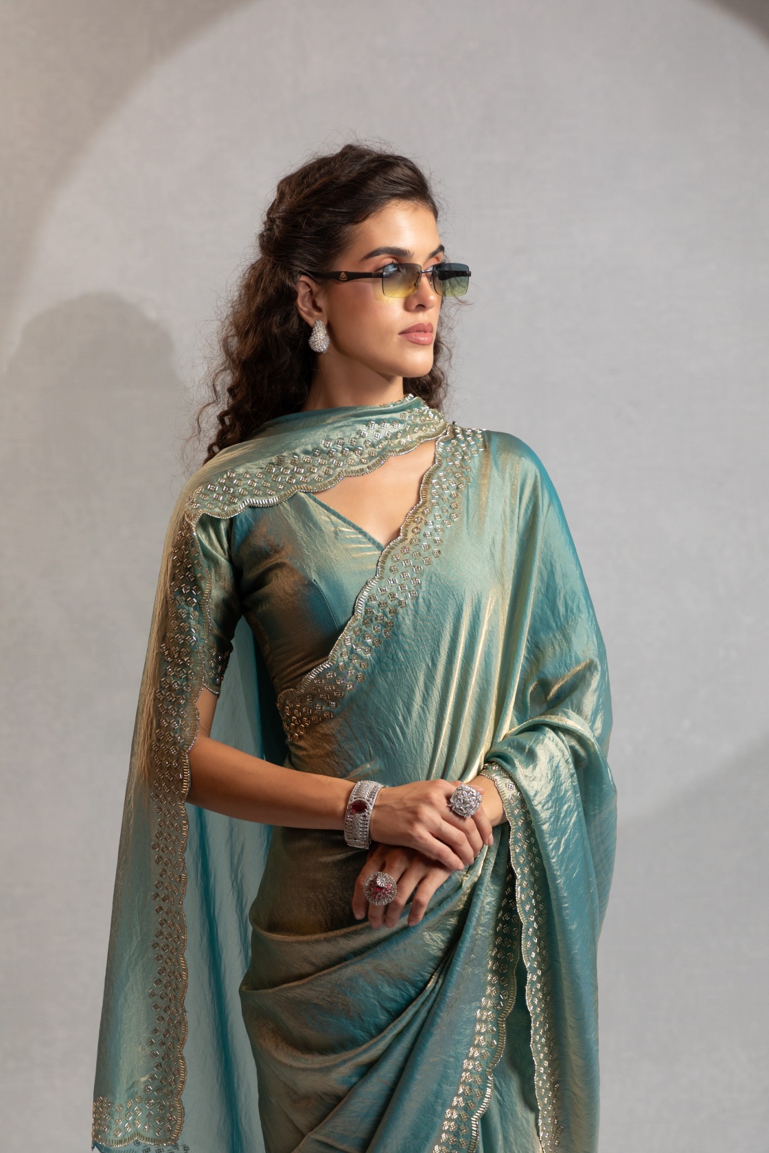 Ice Blue Fendy Silk Two Tone Zircon Cutdana Party Wear Saree