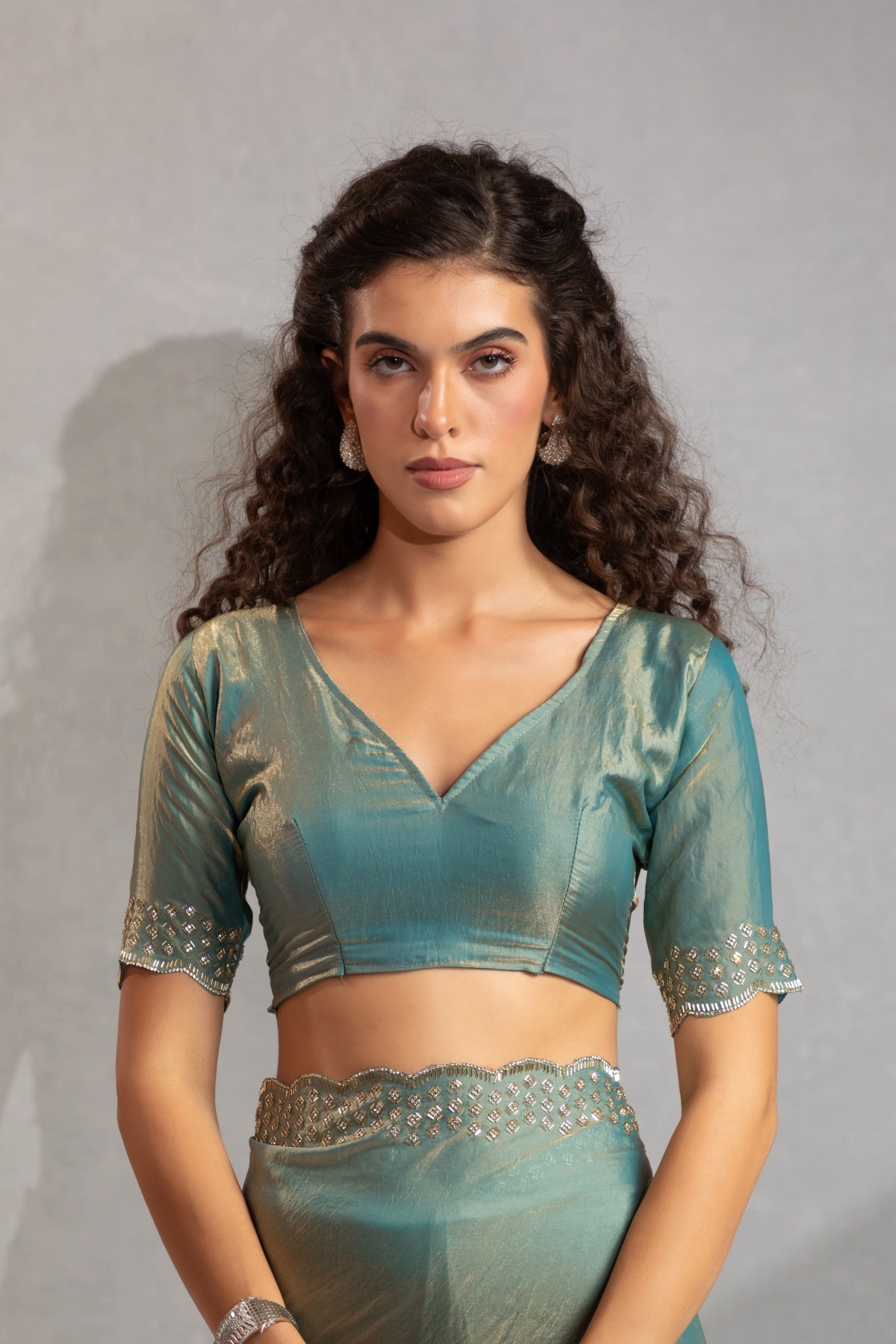 Ice Blue Fendy Silk Two Tone Zircon Cutdana Party Wear Saree