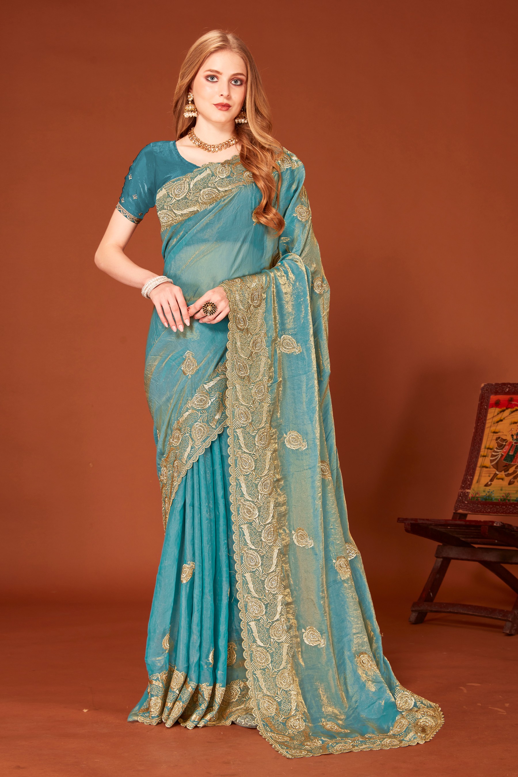 Ice Blue Fendy Two Tone Silk Zari Embroidered Saree with Zircon Work