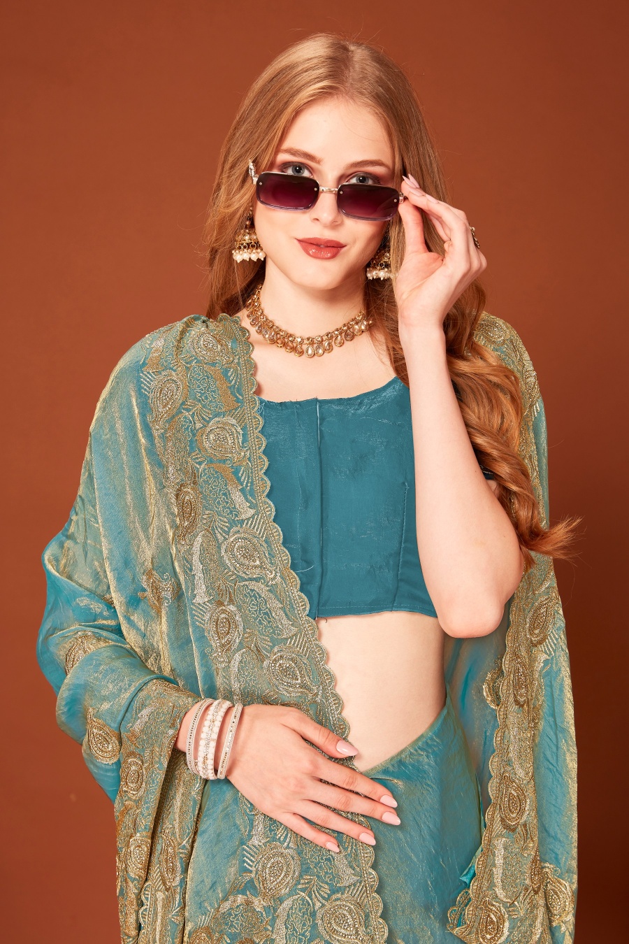 Ice Blue Fendy Two Tone Silk Zari Embroidered Saree with Zircon Work