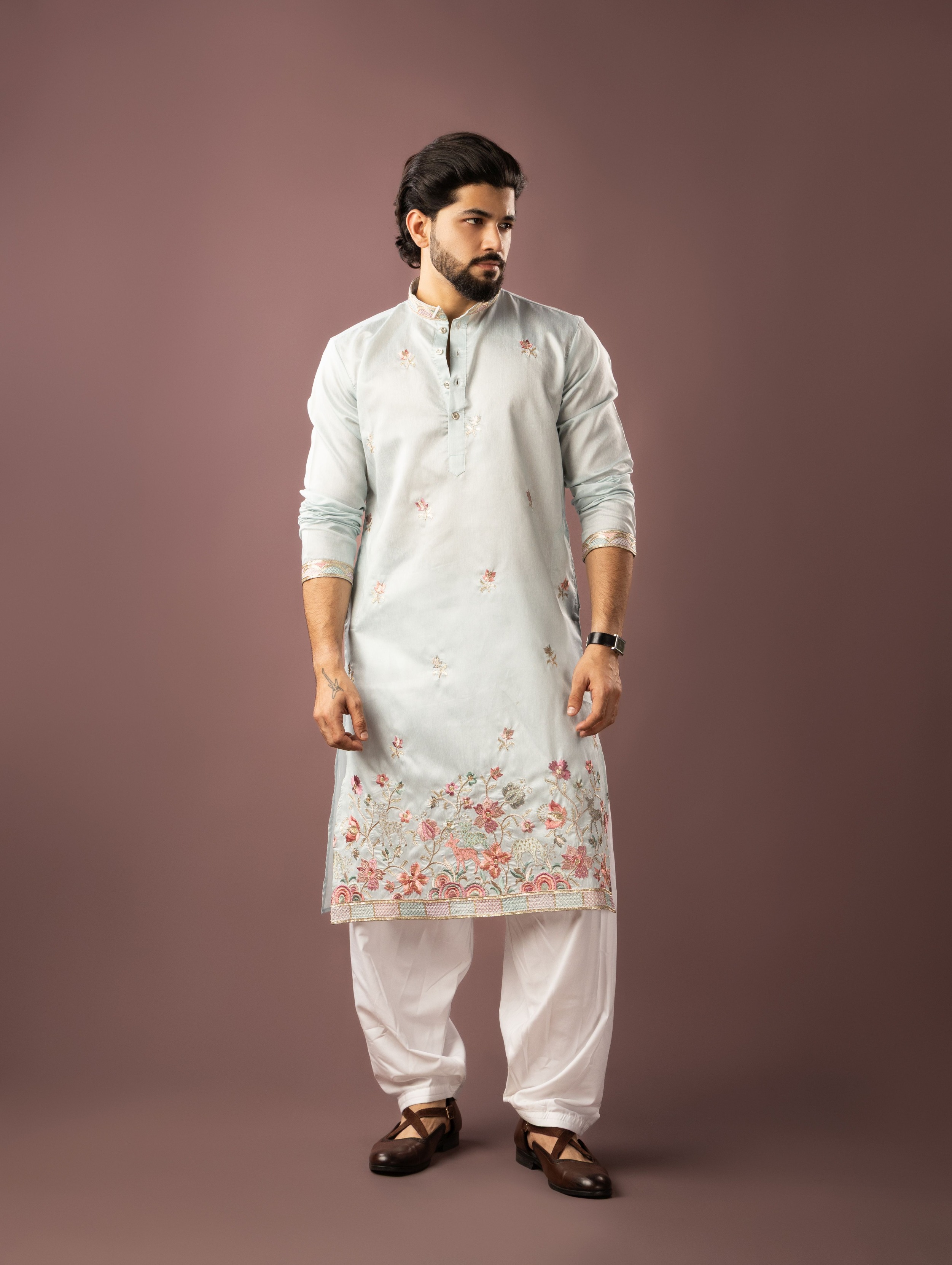 Ice Blue Floral Butta Linen Embroidered Kurta Pyjama
