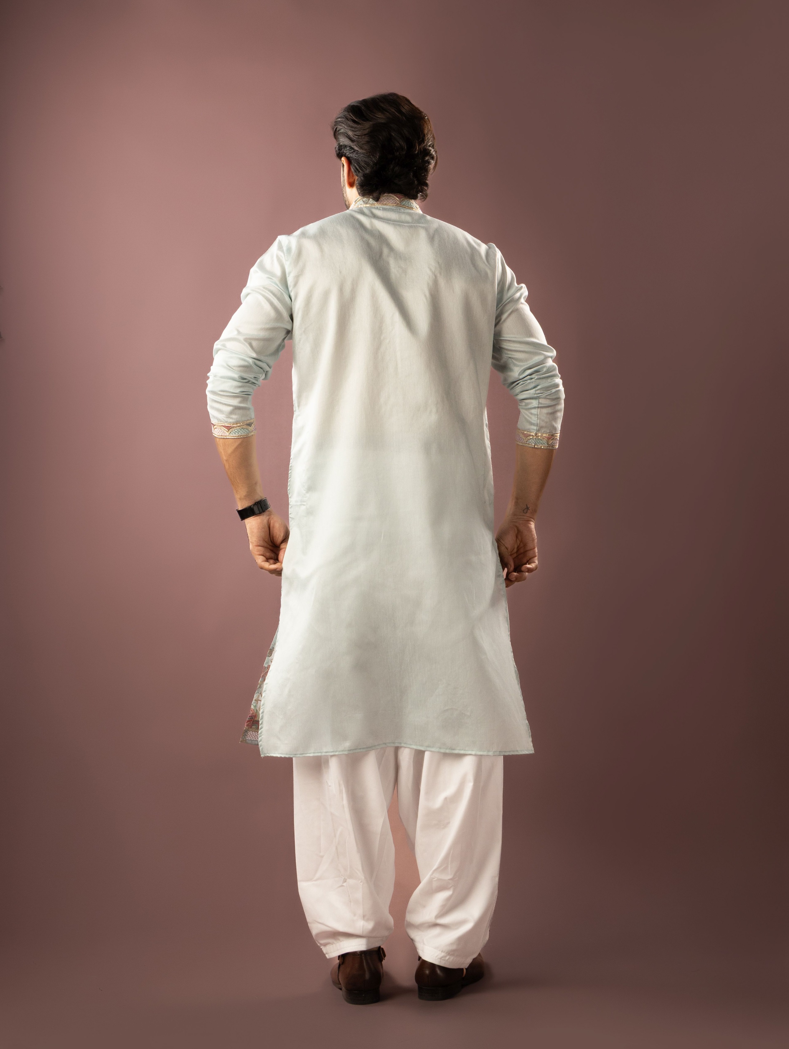 Ice Blue Floral Butta Linen Embroidered Kurta Pyjama — alternate view