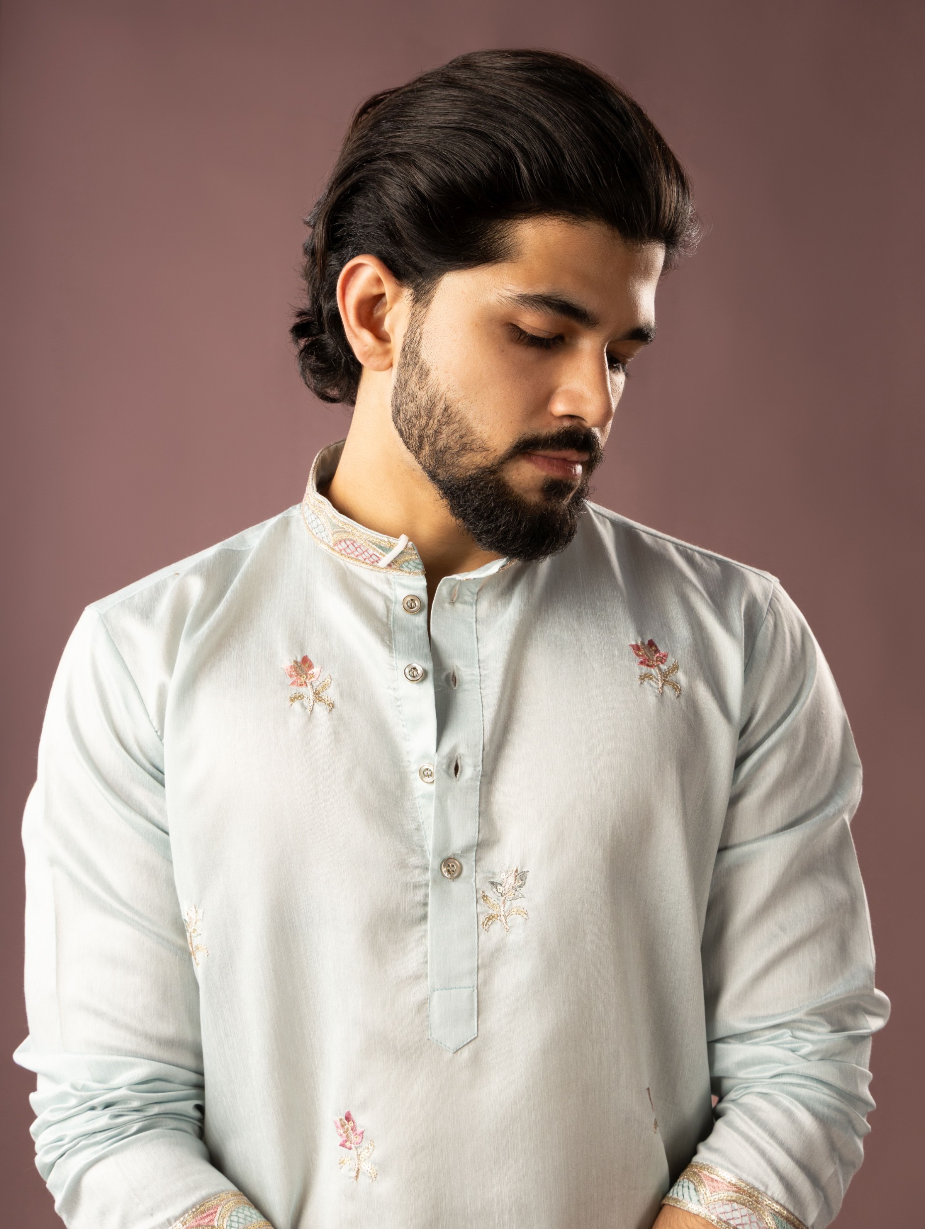 Ice Blue Floral Butta Linen Embroidered Kurta Pyjama
