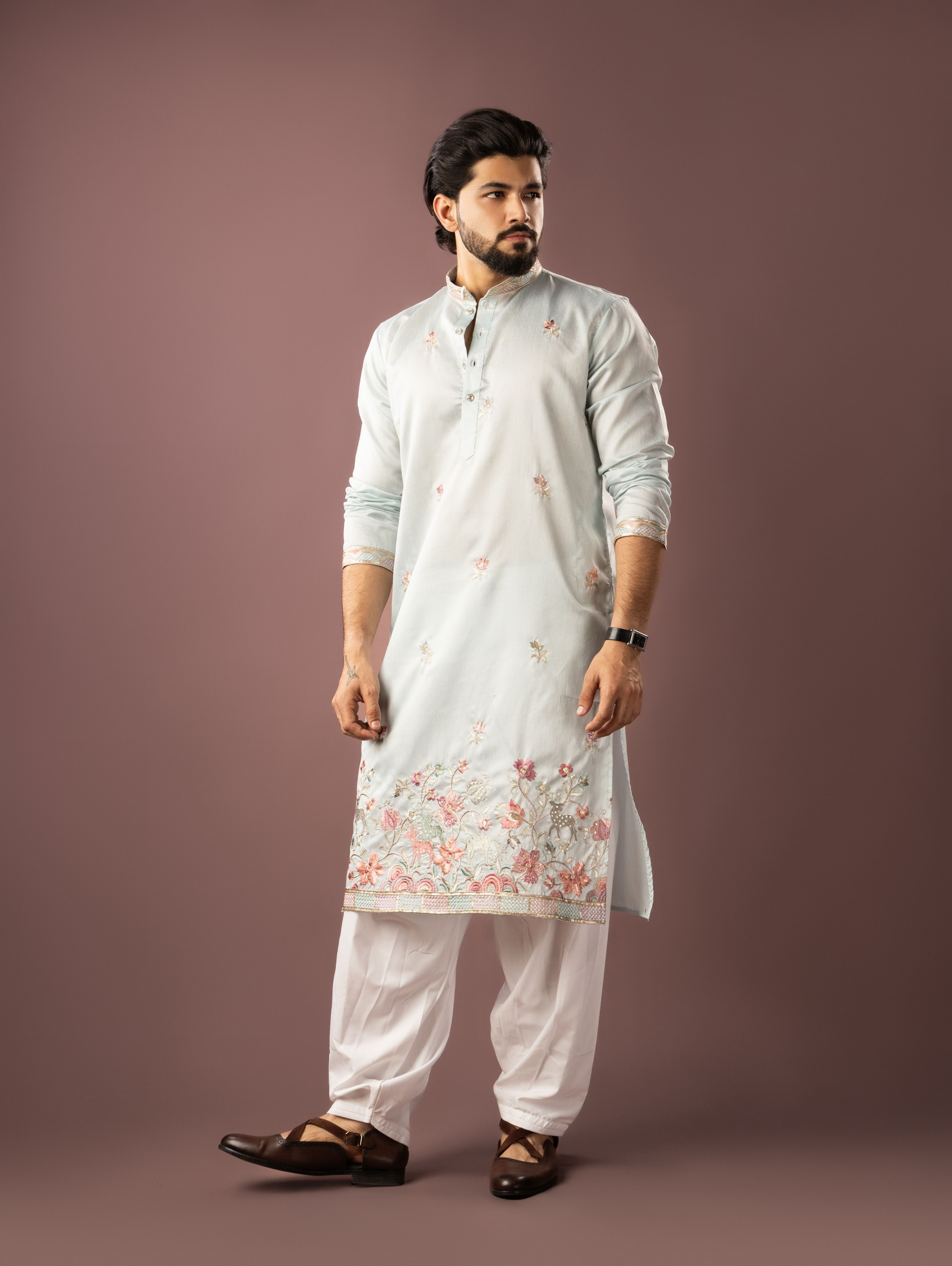 Ice Blue Floral Butta Linen Embroidered Kurta Pyjama