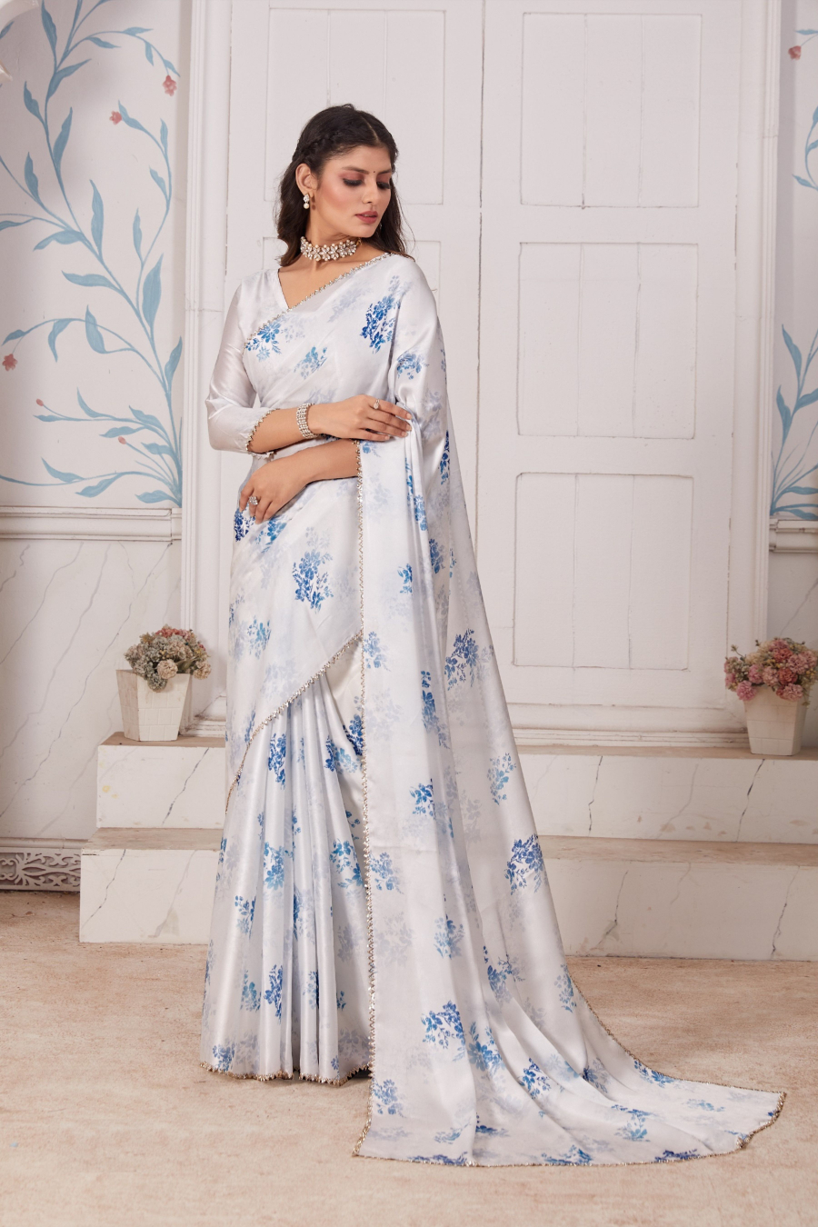Ice Blue Satin Floral Print Saree with Zircon Border