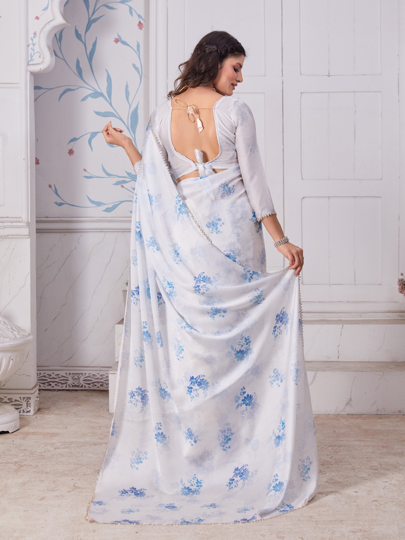 Ice Blue Satin Floral Print Saree with Zircon Border — alternate view
