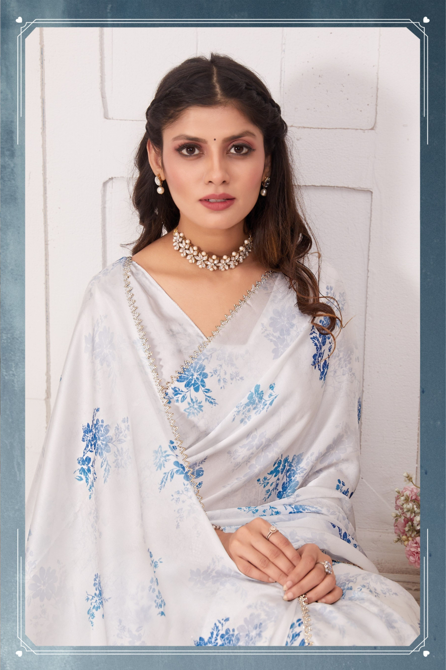 Ice Blue Satin Floral Print Saree with Zircon Border