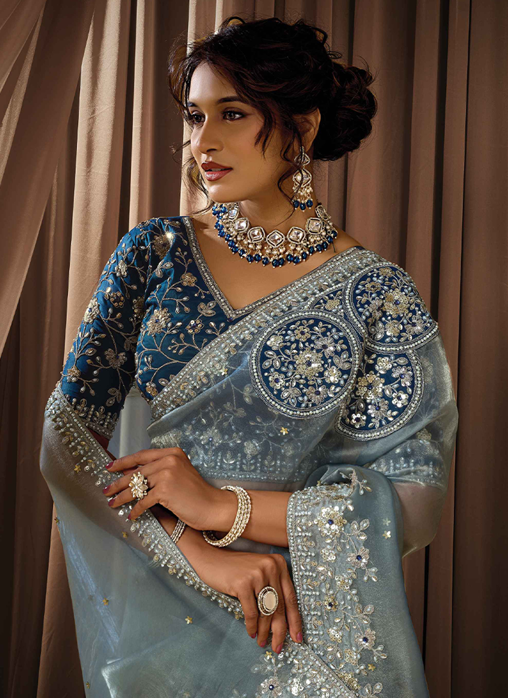 Ice Gray Shimmer Pearl Zari Organza Saree — alternate view