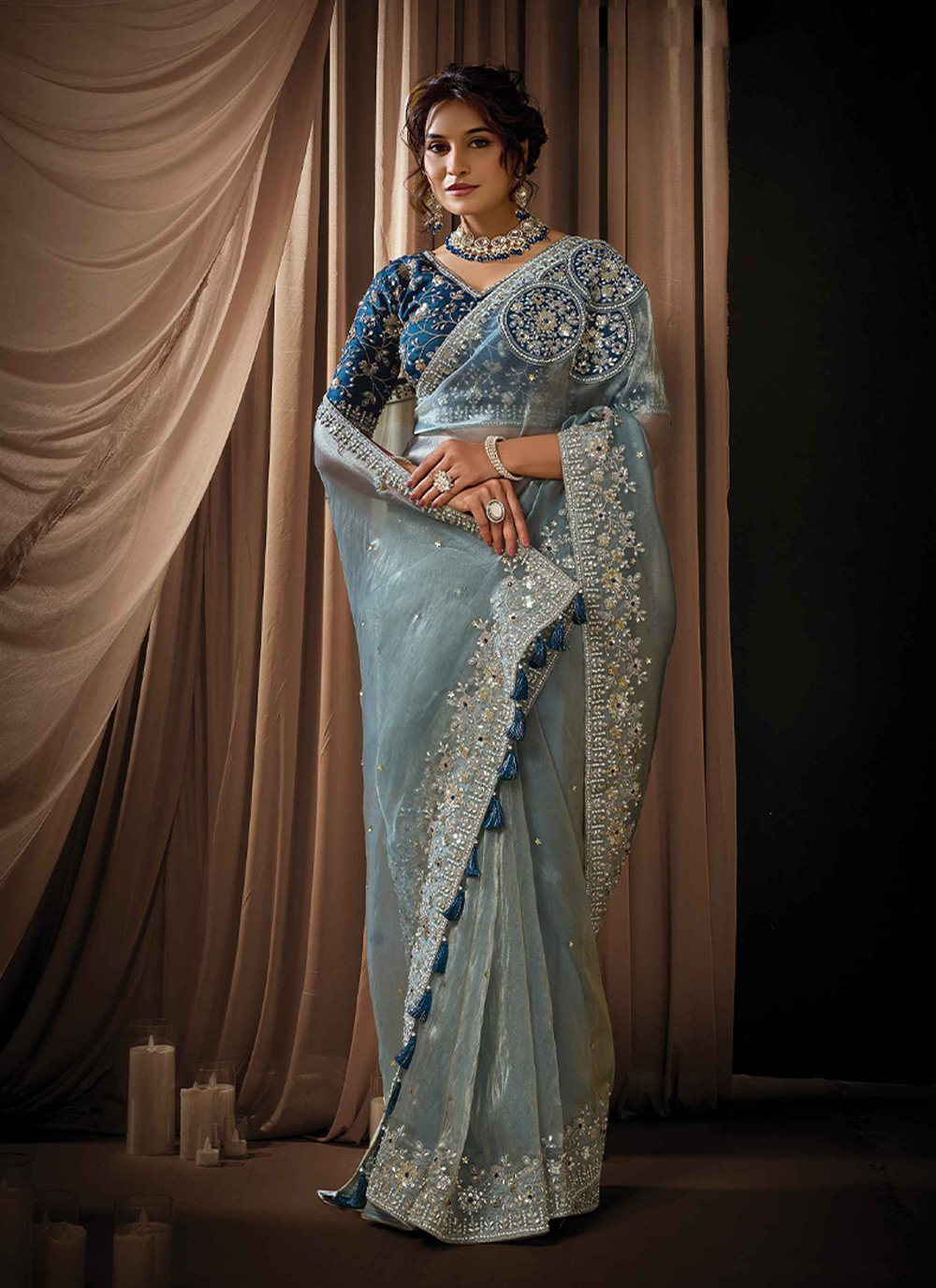 Ice Gray Shimmer Pearl Zari Organza Saree