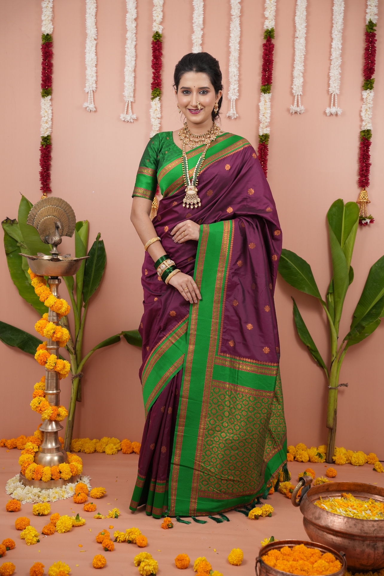 Imperial Wine Green Woven Silk Saree