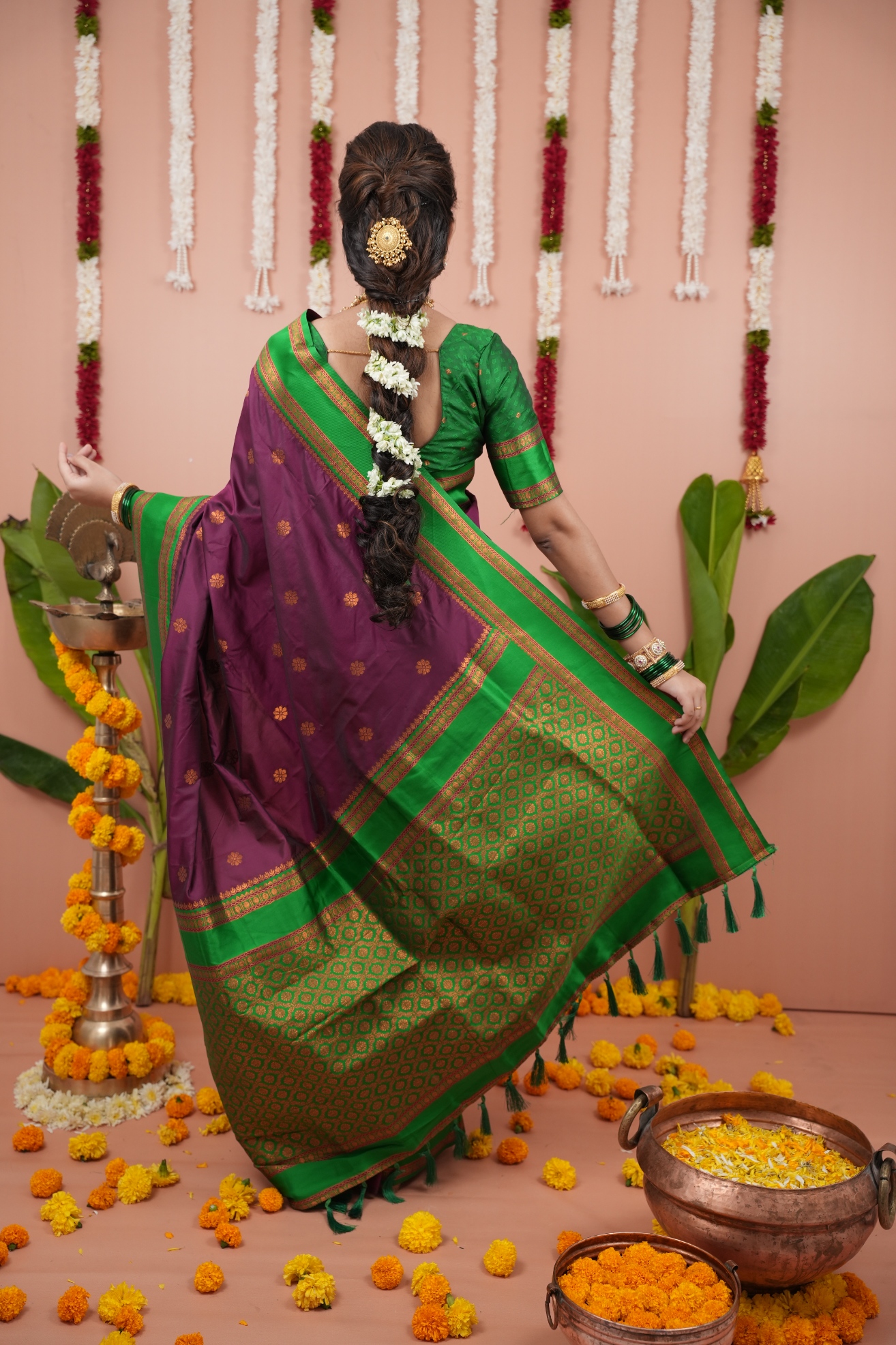 Imperial Wine Green Woven Silk Saree — alternate view