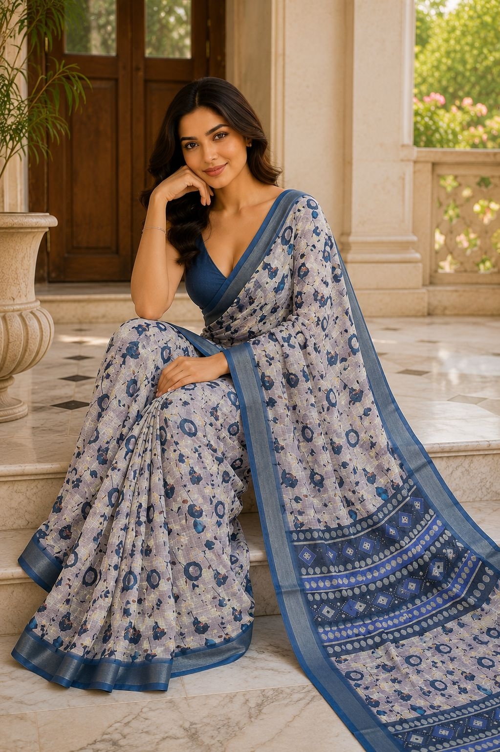 Indigo Heritage Linen Silk Saree