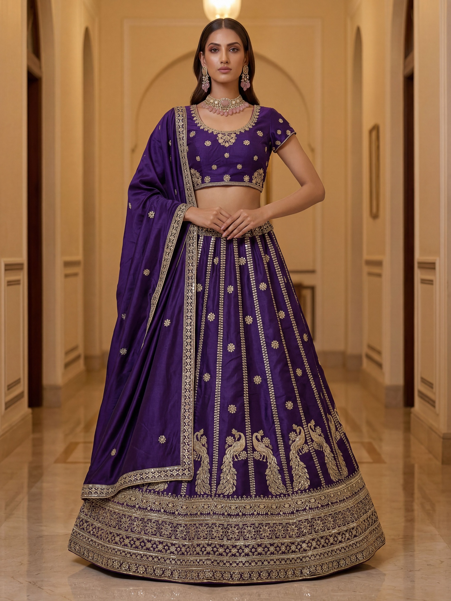 Indigo Motif Zari Embroidery Silk Lehenga Choli
