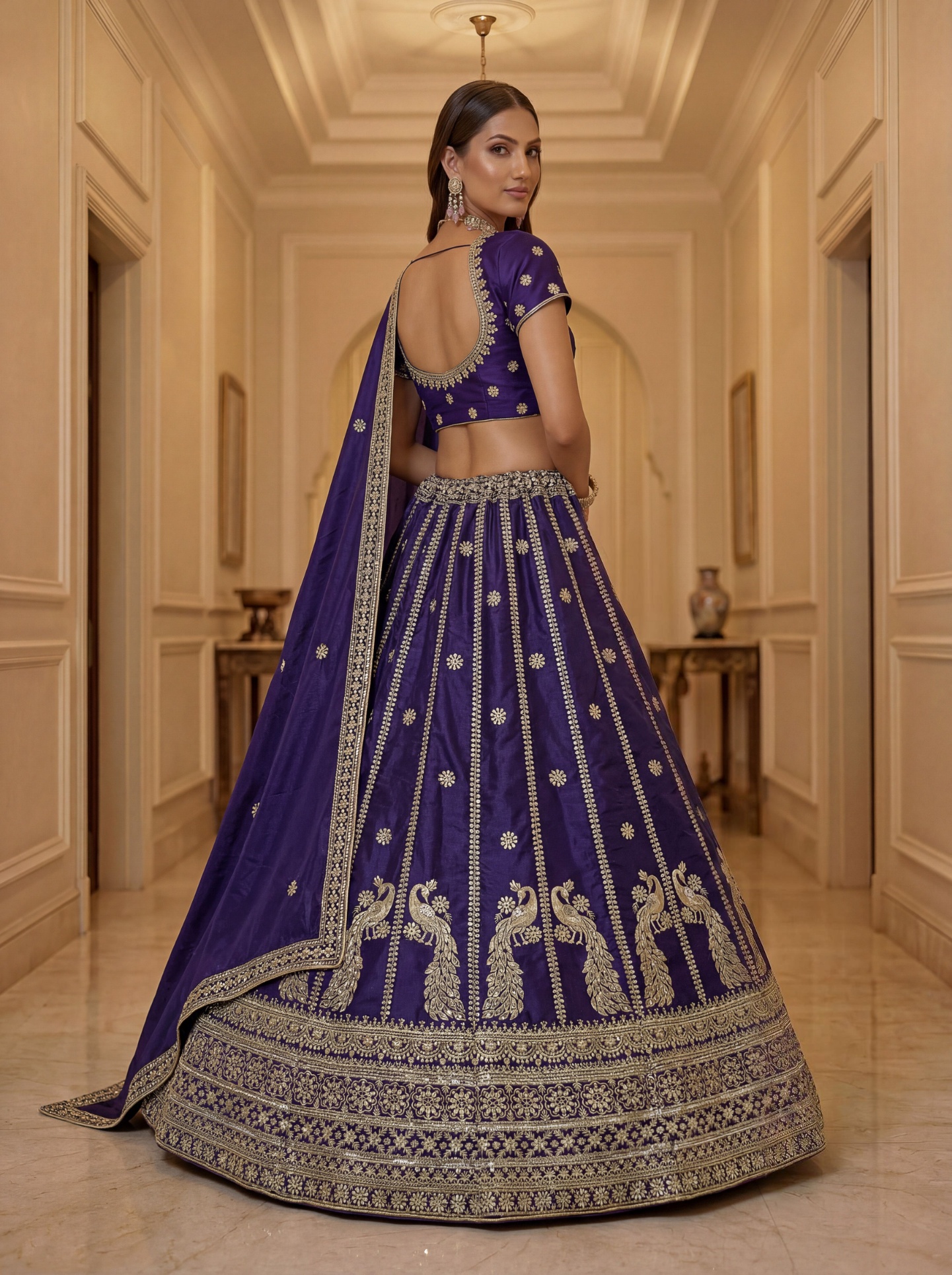 Indigo Motif Zari Embroidery Silk Lehenga Choli — alternate view