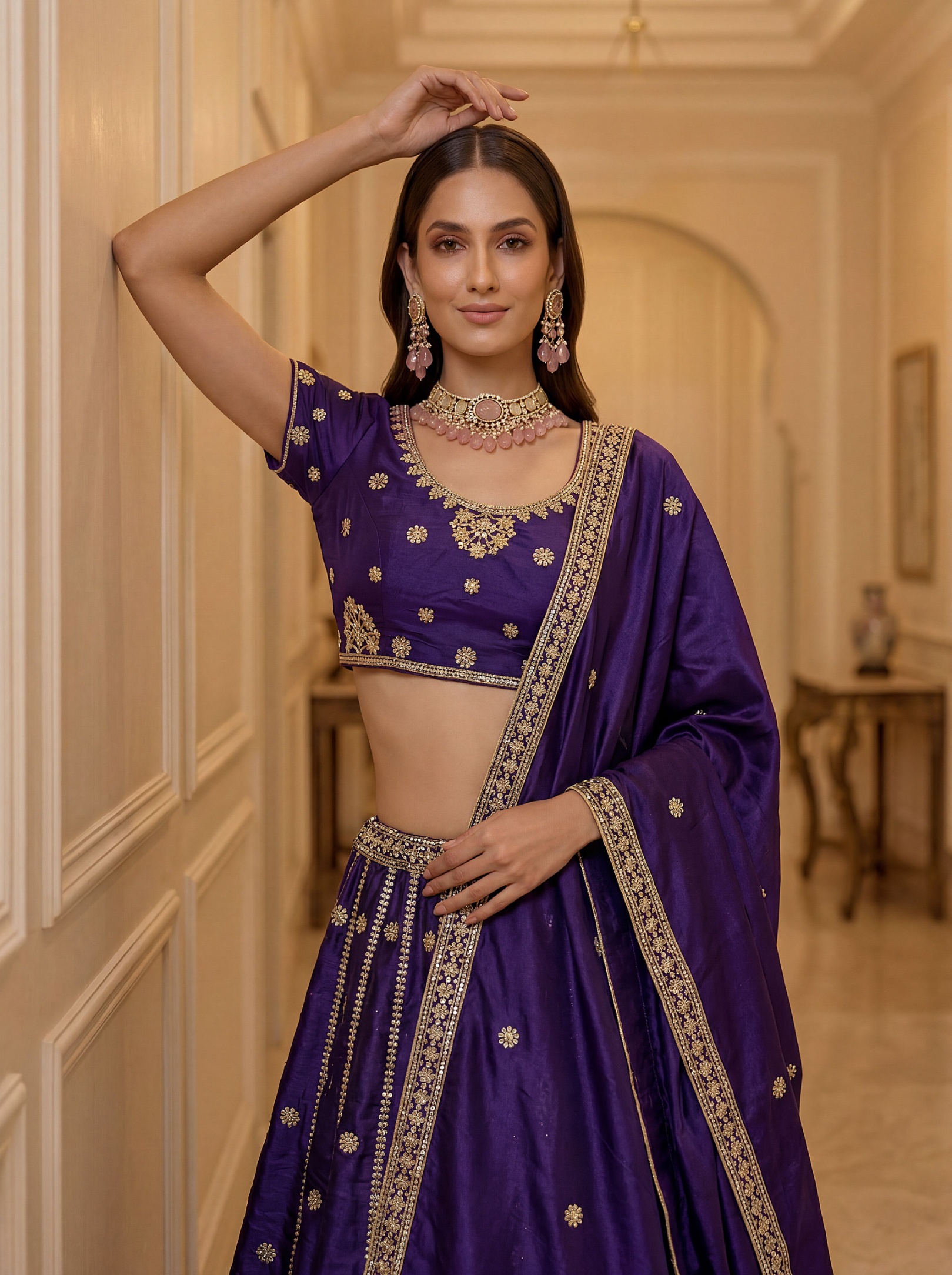 Indigo Motif Zari Embroidery Silk Lehenga Choli