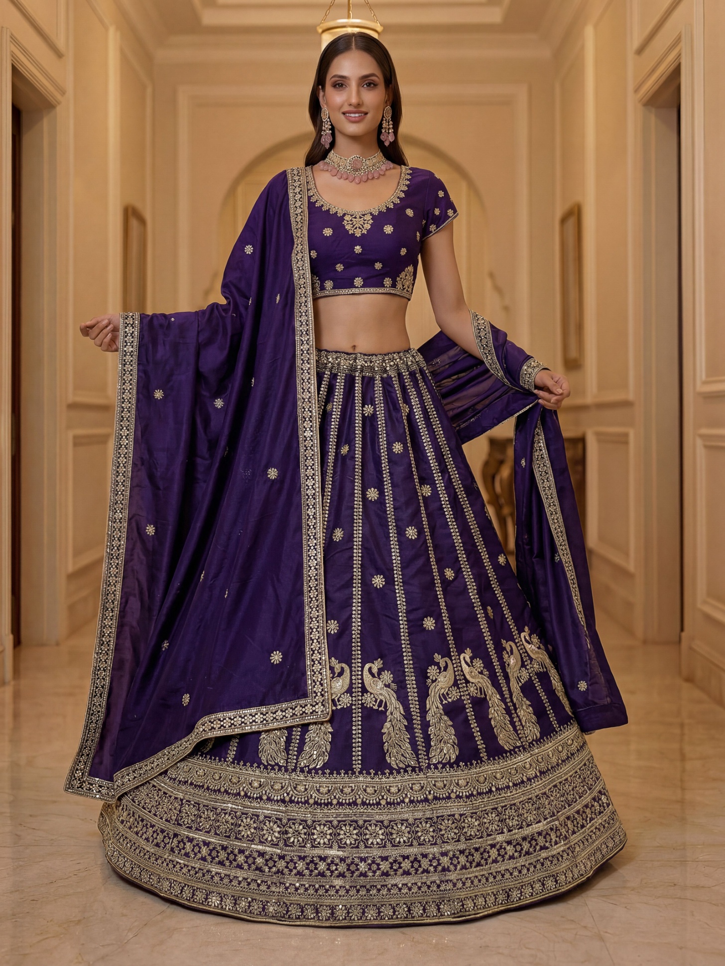Indigo Motif Zari Embroidery Silk Lehenga Choli