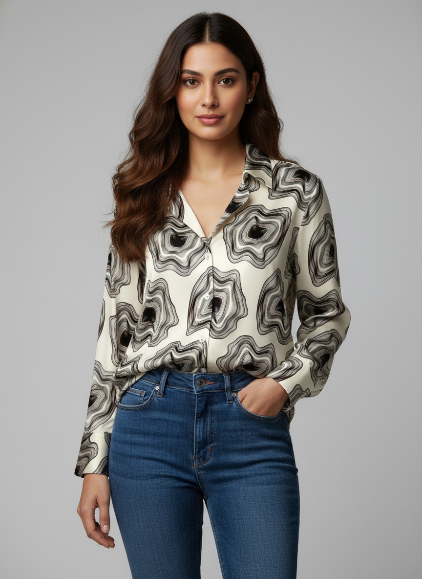 Ivory Abstract Printed Satin Shirt