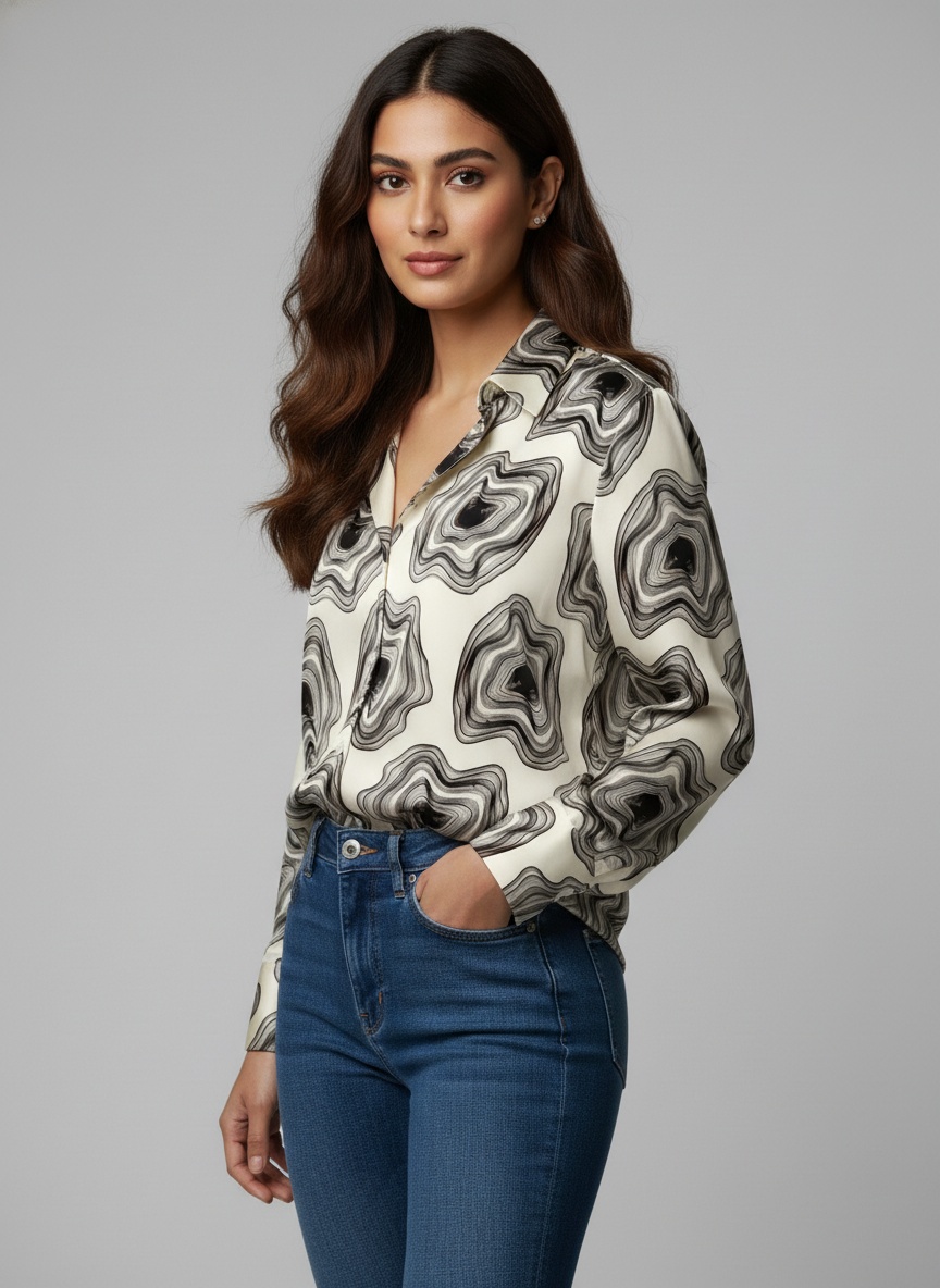 Ivory Abstract Printed Satin Shirt