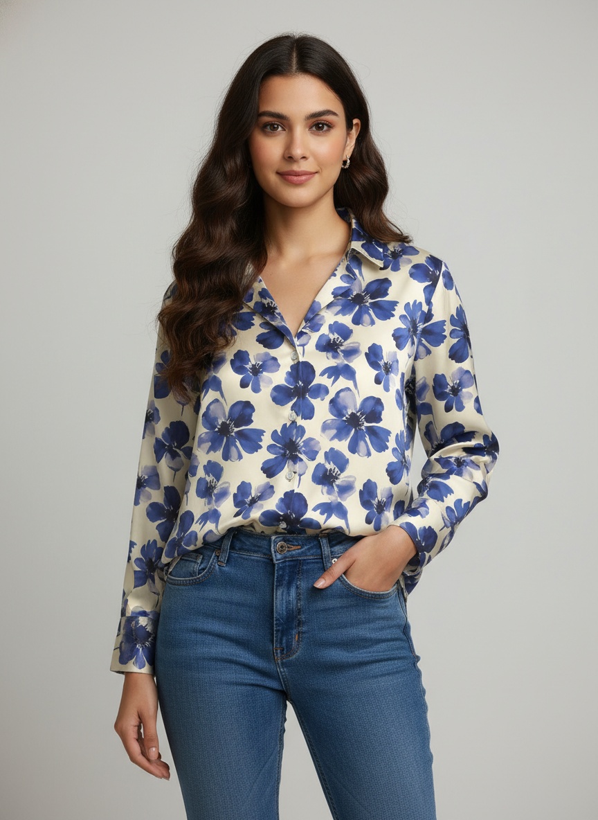 Ivory Blue Floral Printed Satin Shirt