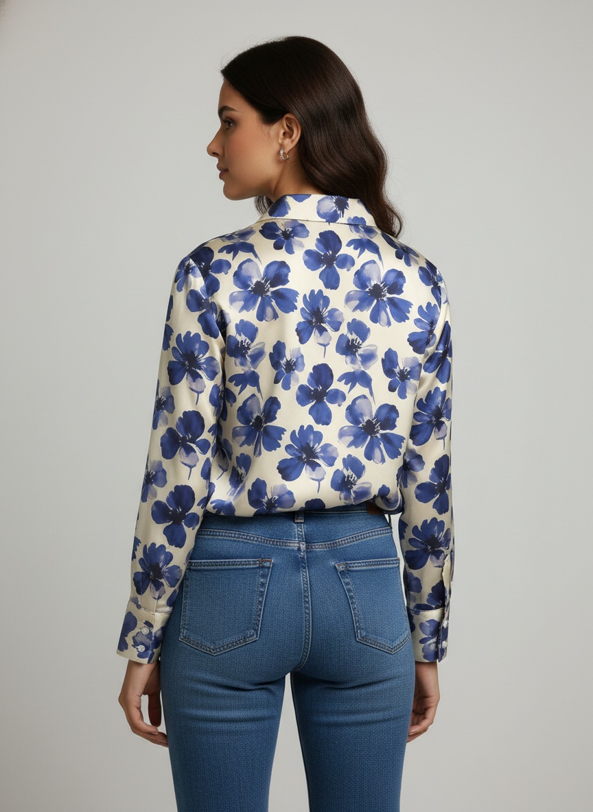 Ivory Blue Floral Printed Satin Shirt — alternate view