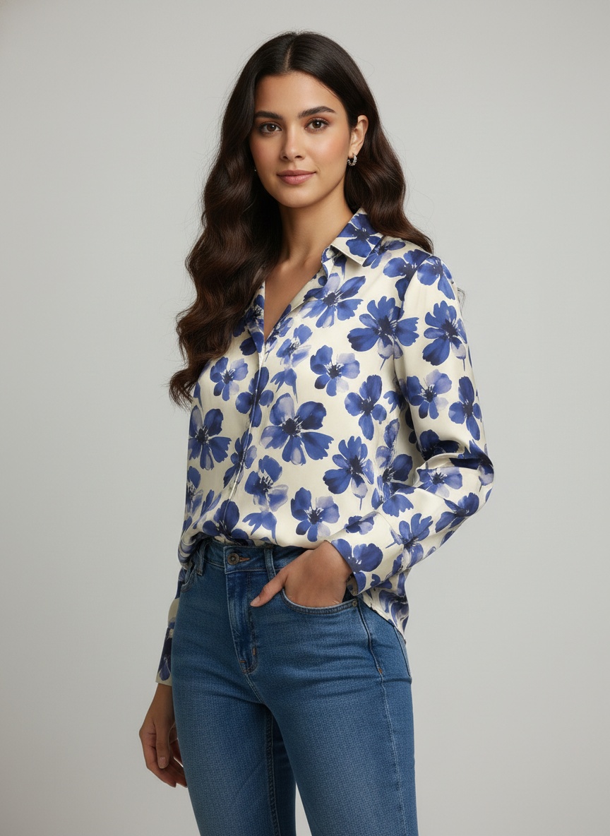 Ivory Blue Floral Printed Satin Shirt