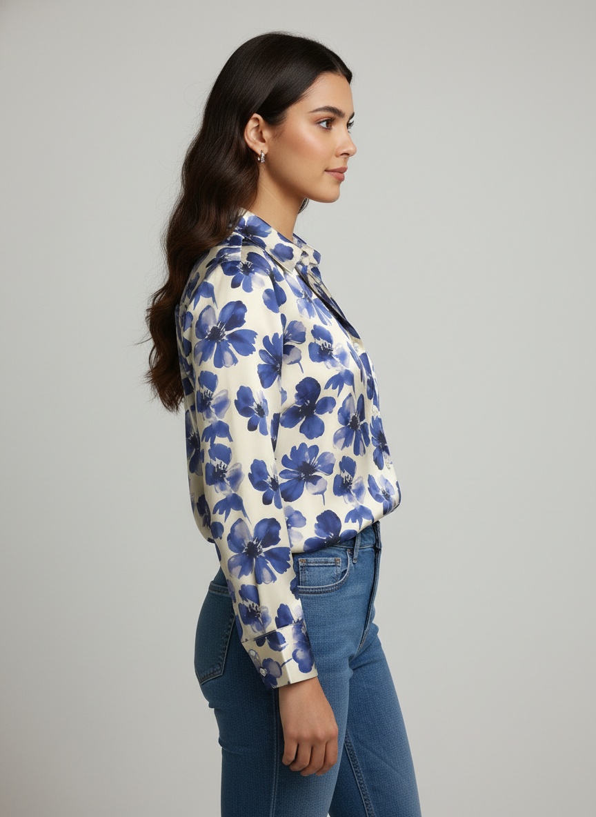 Ivory Blue Floral Printed Satin Shirt