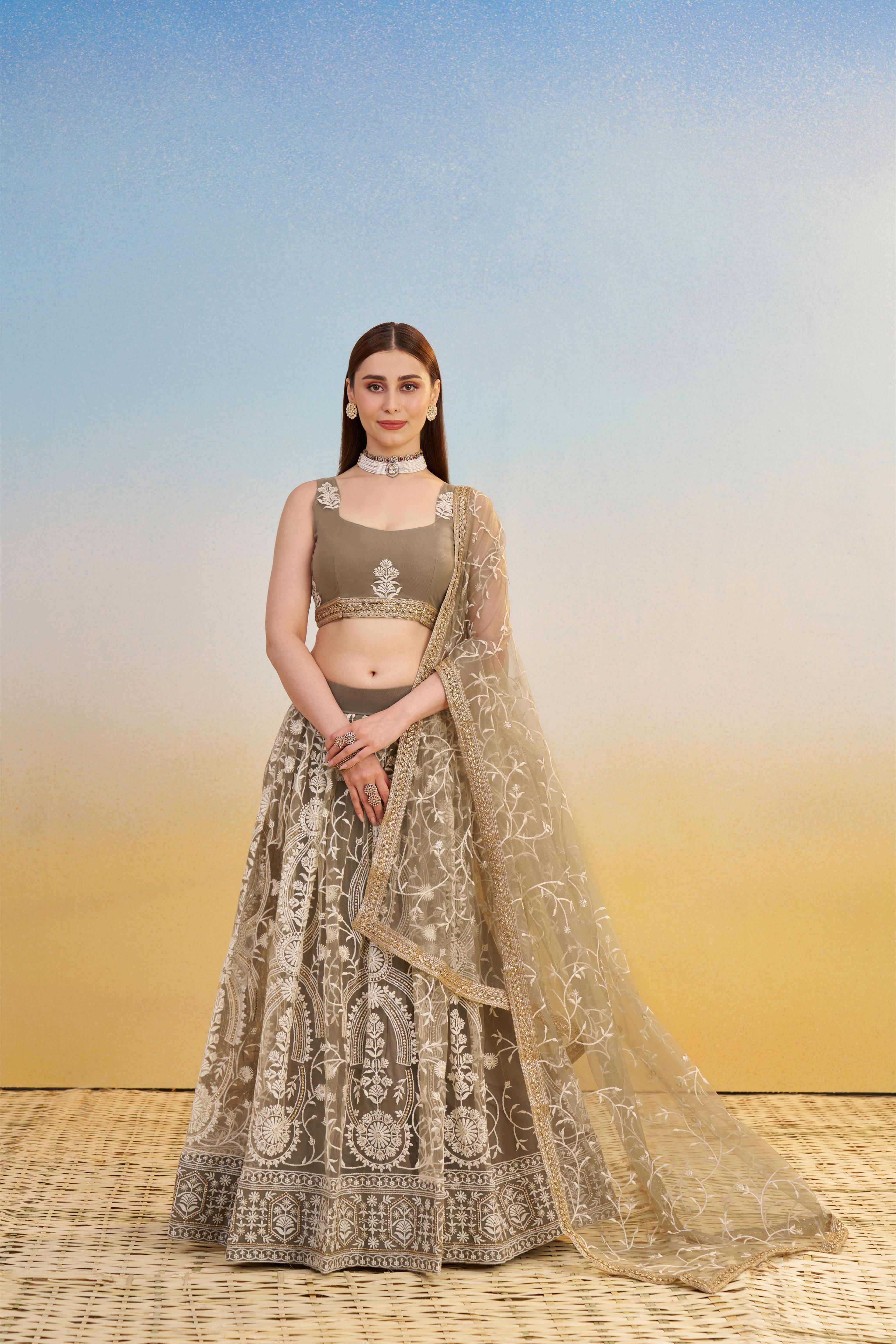 Ivory Butterfly Net Lehenga
