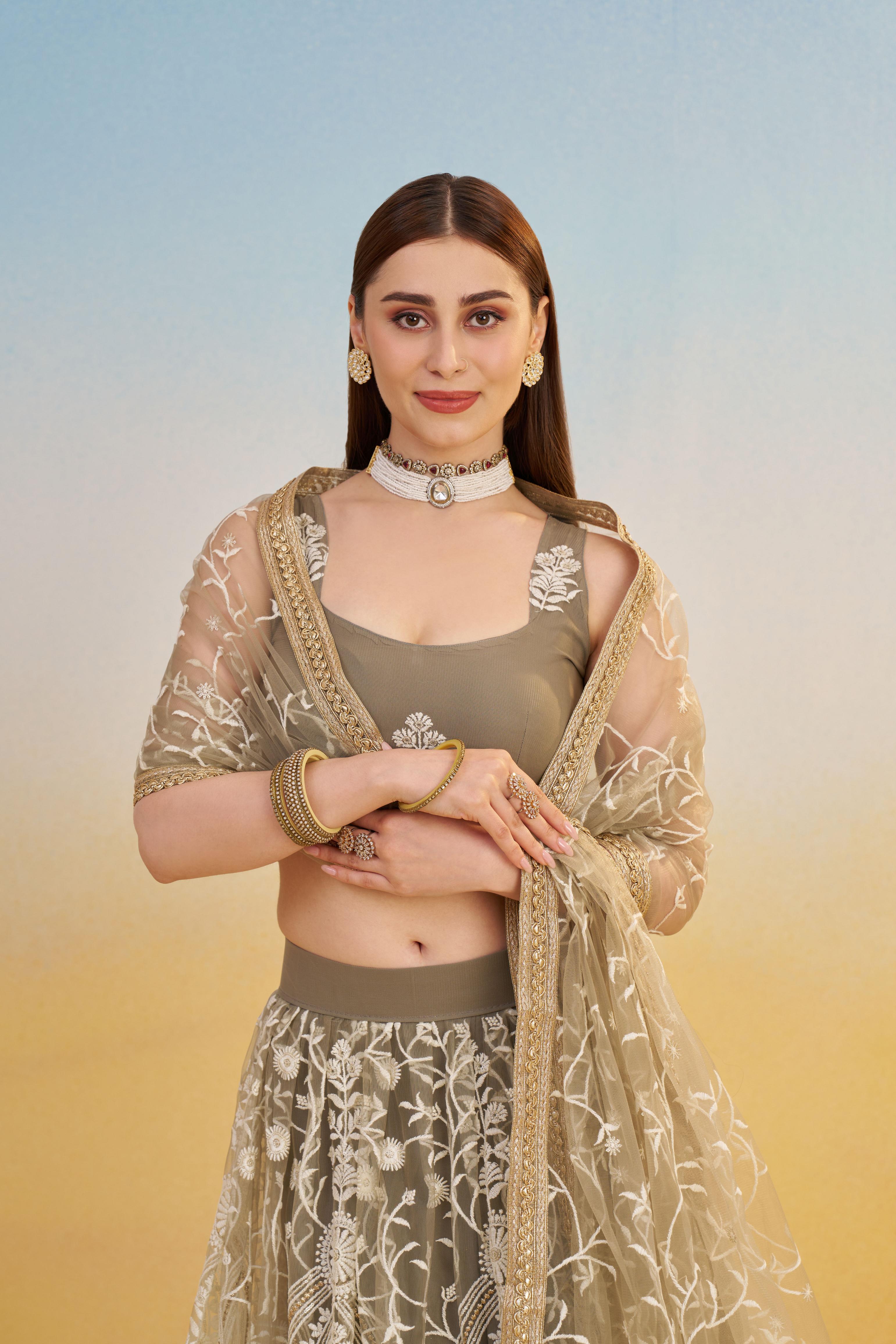 Ivory Butterfly Net Lehenga