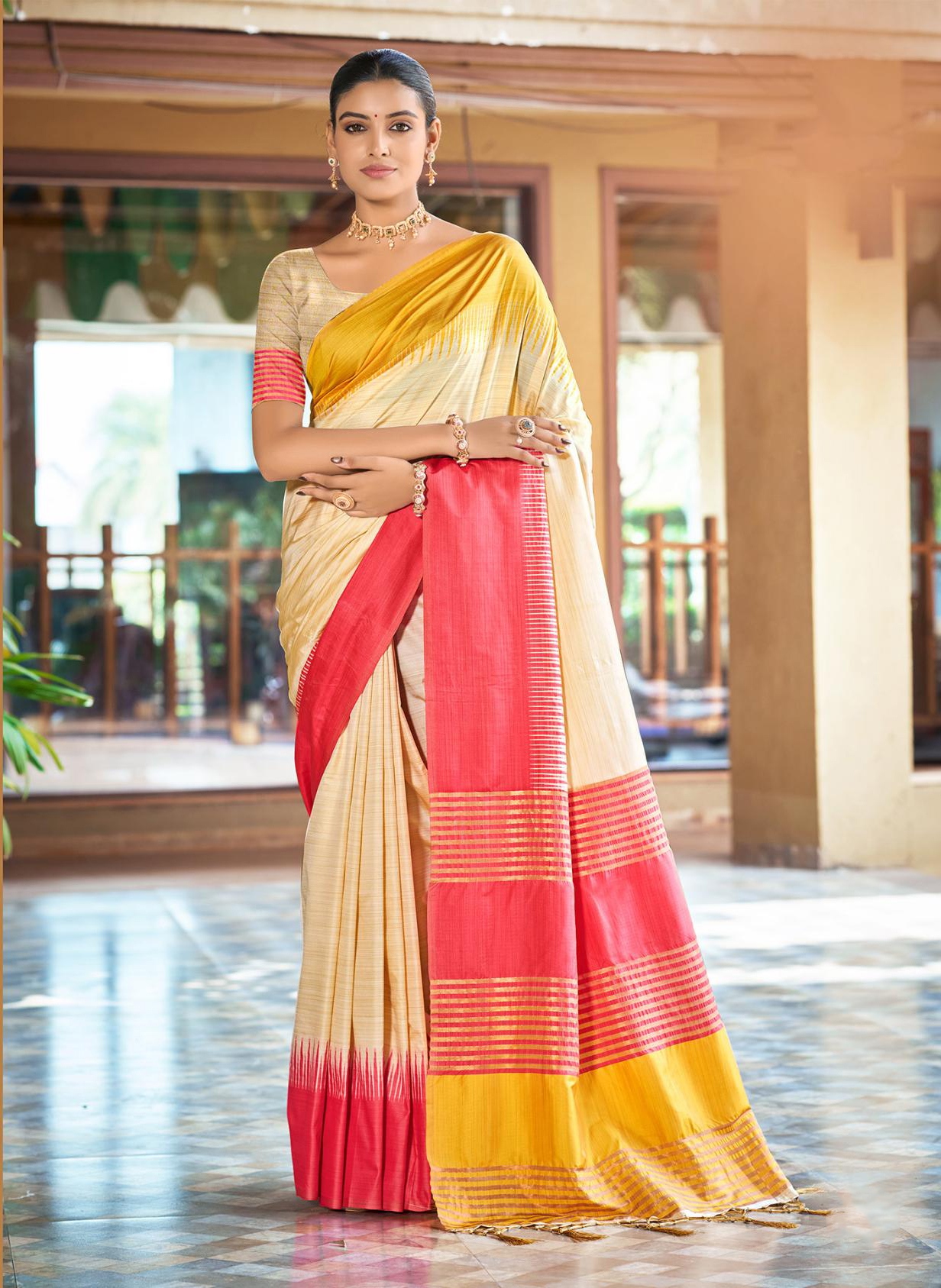 Ivory Coral Pink Striped Woven Slub Silk Saree