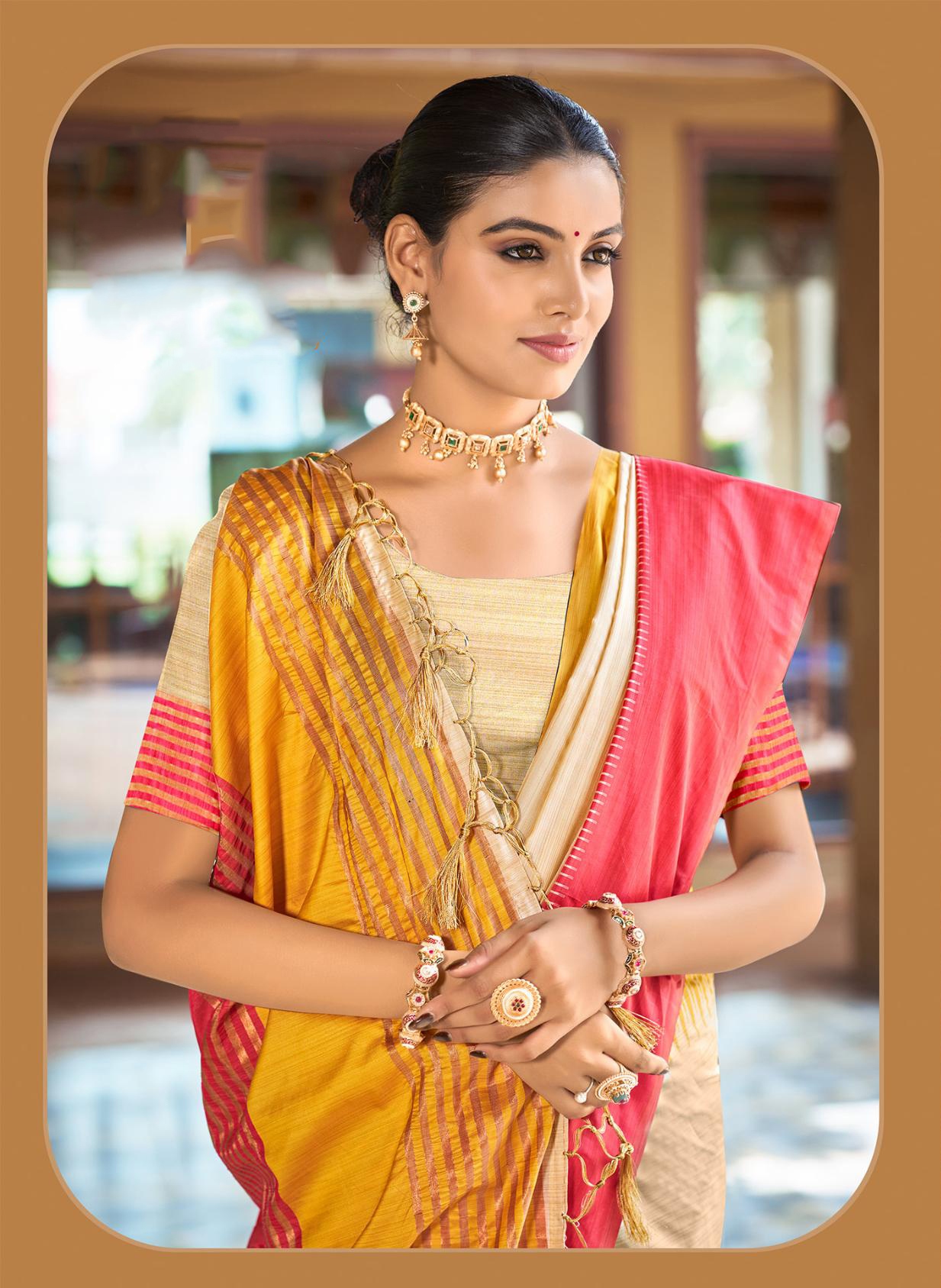 Ivory Coral Pink Striped Woven Slub Silk Saree — alternate view